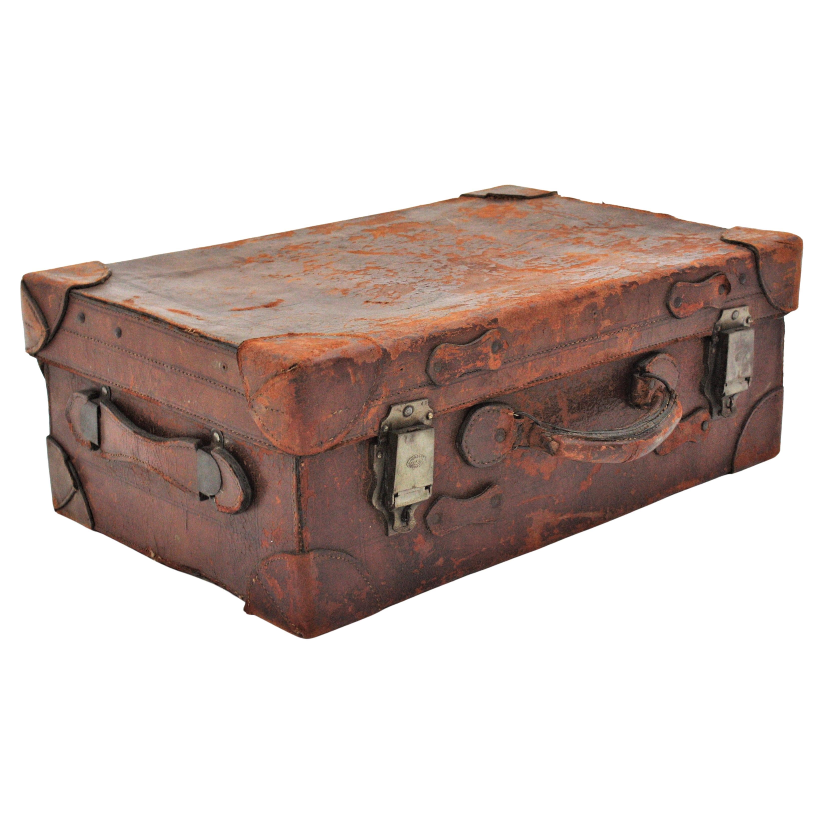 Antique English Leather Suitcase For Sale