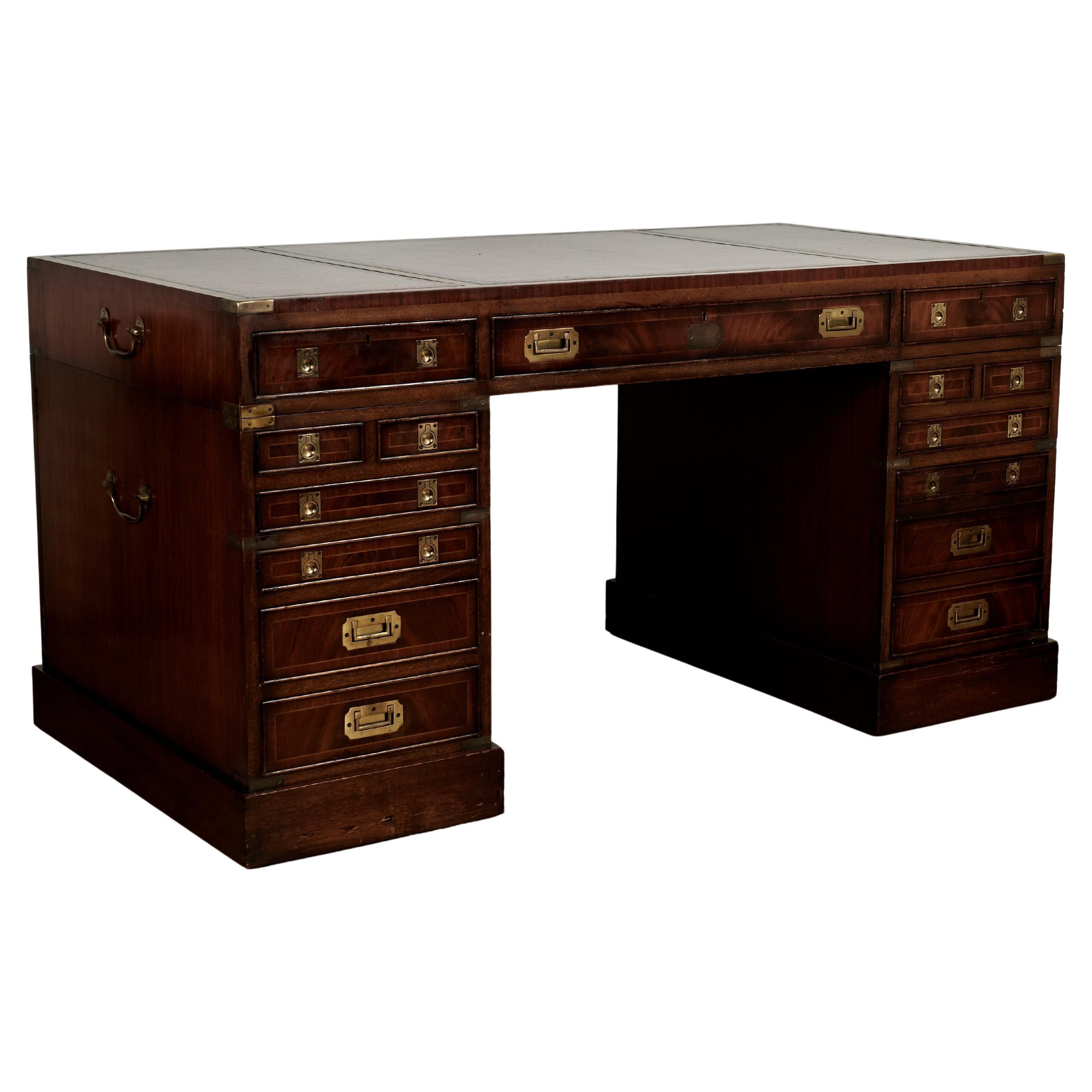 Antique English Leather Top Campaign Desk