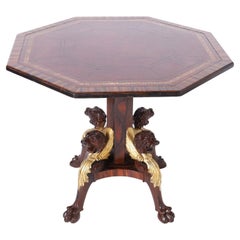 Antique English Leather Top Center Table with Lion Heads