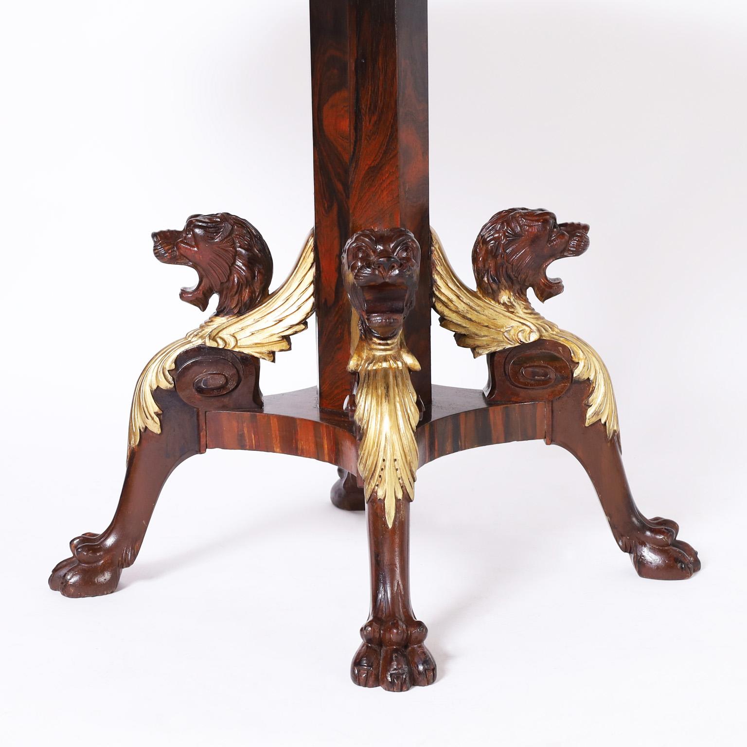 20th Century Antique English Leather Top Center Table with Lion Heads For Sale