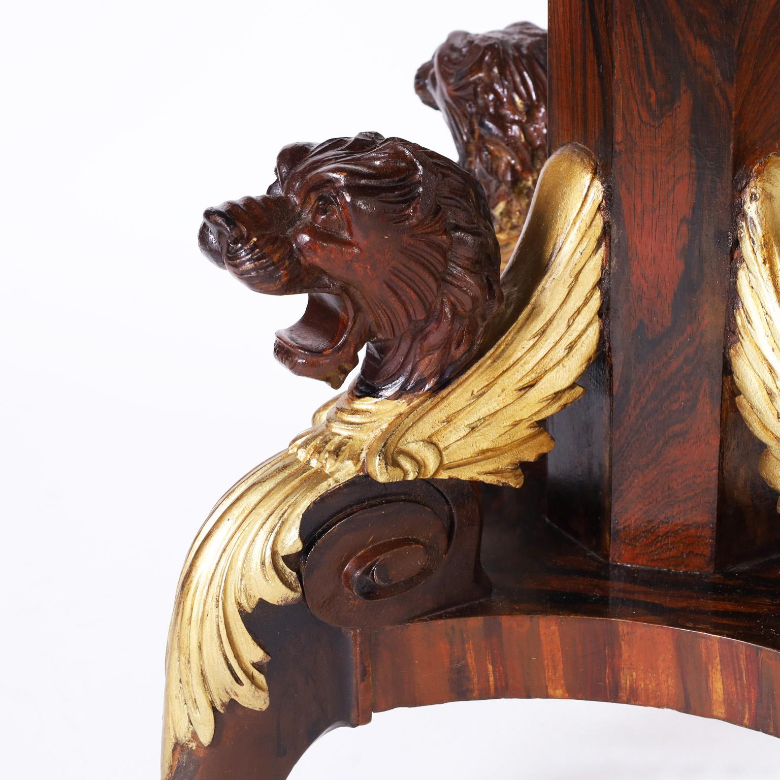 Mahogany Antique English Leather Top Center Table with Lion Heads For Sale