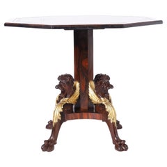 Antique English Leather Top Center Table with Lion Heads