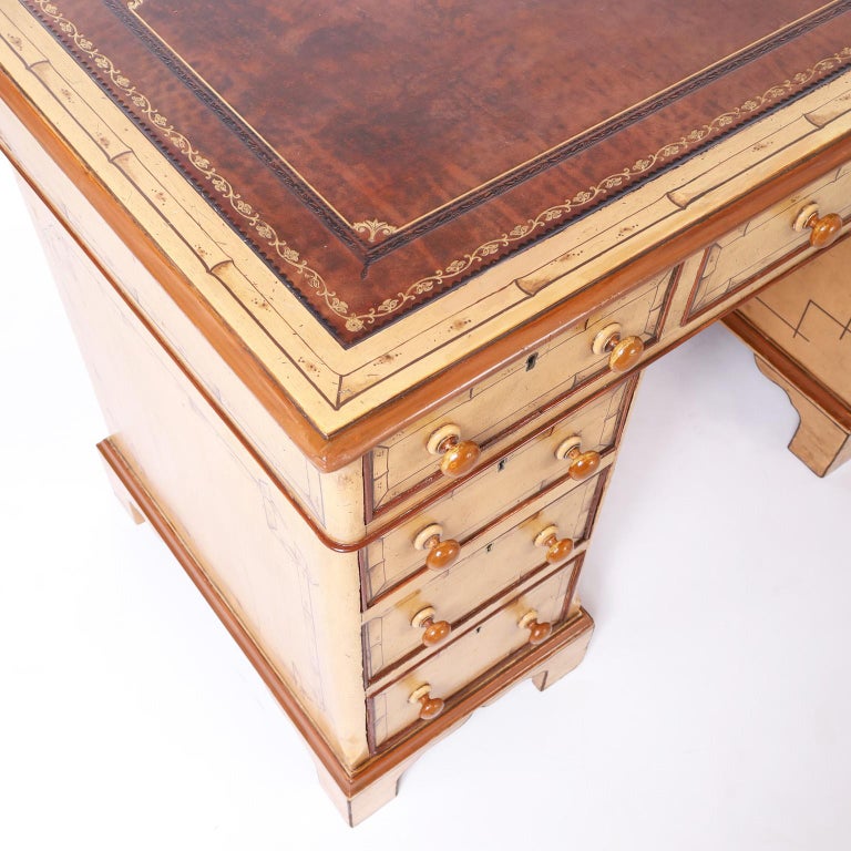 Antique English Leather Top Desk with Painted Bamboo For Sale at 1stDibs