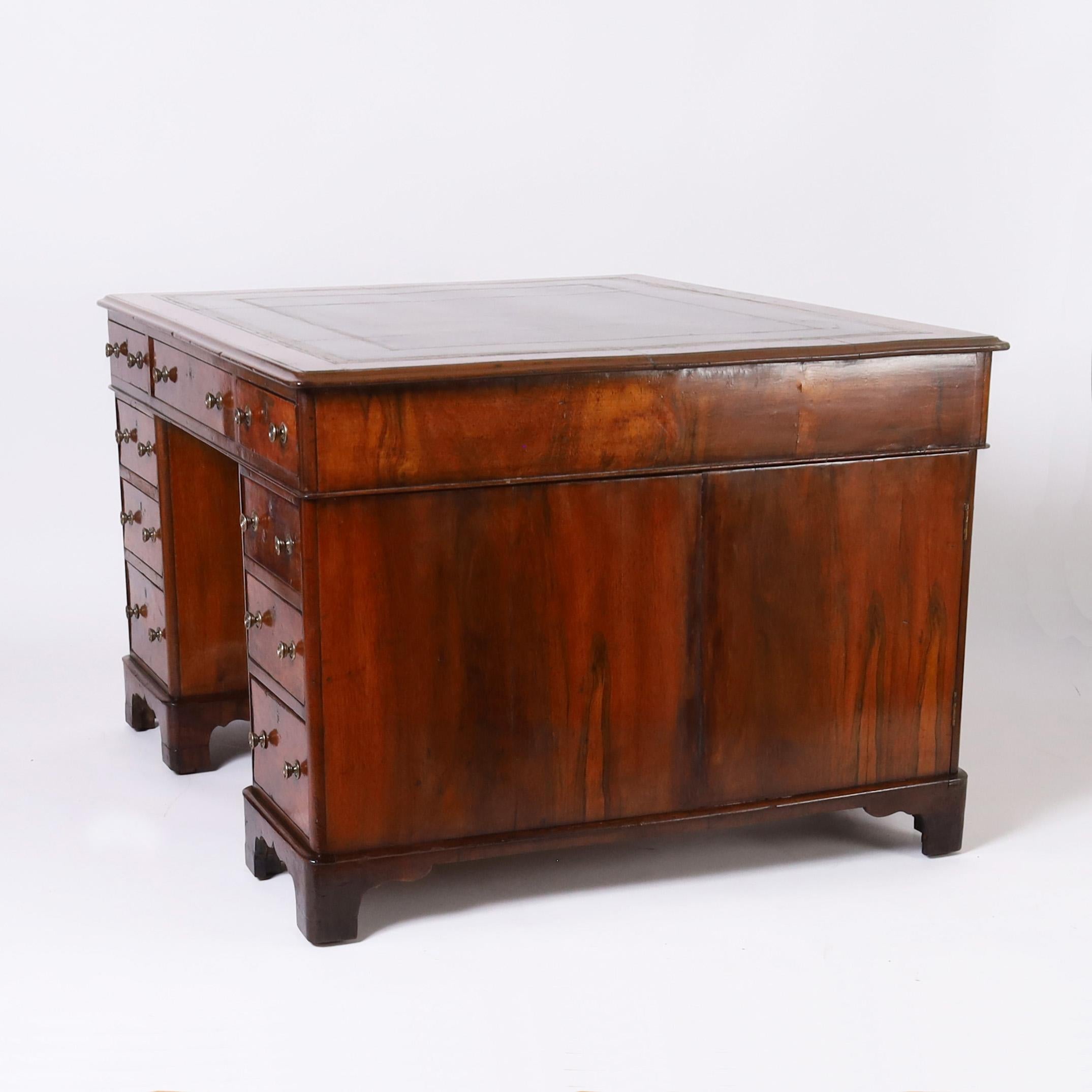Victorian Antique English Leather Top Partners Desk For Sale