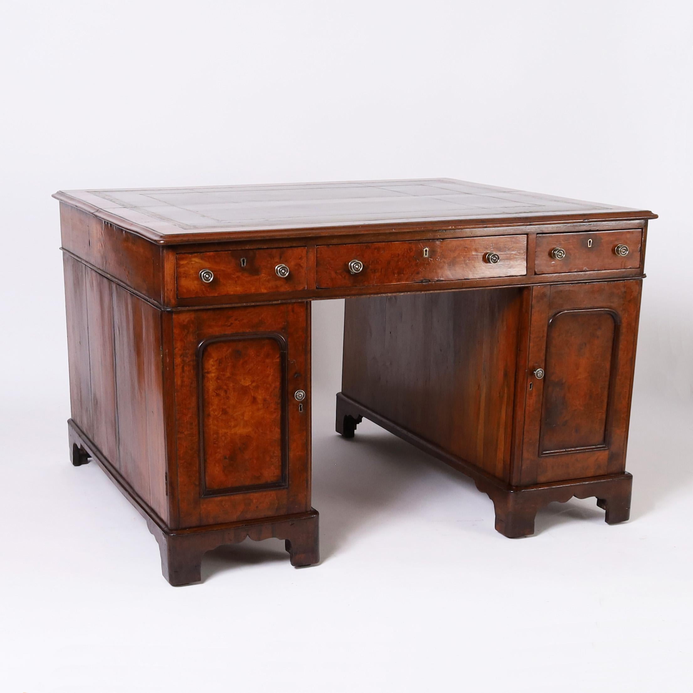 Hand-Crafted Antique English Leather Top Partners Desk For Sale