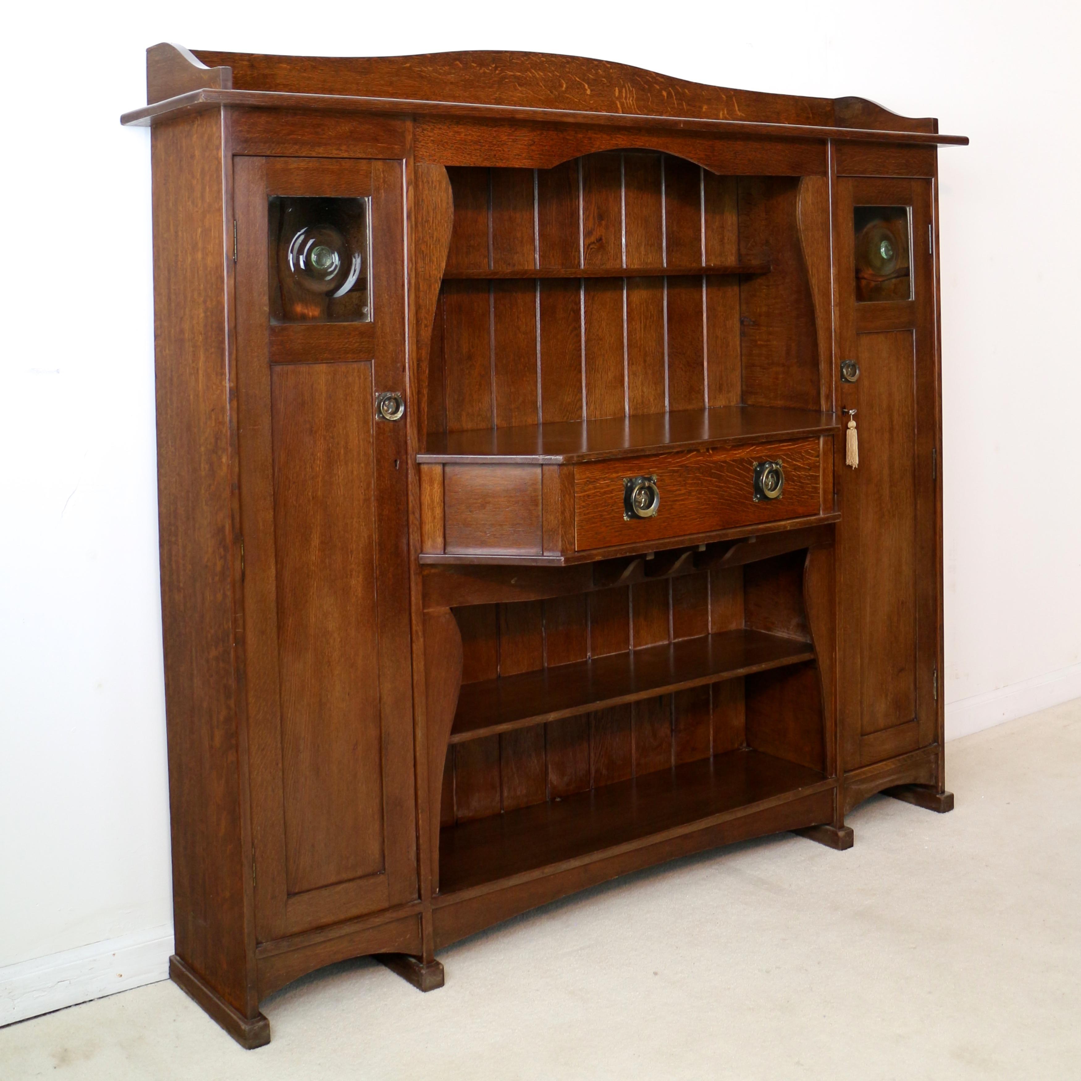 Brass Antique English Liberty & Co Arts & Crafts Oak Hathaway Sideboard or Dresser For Sale