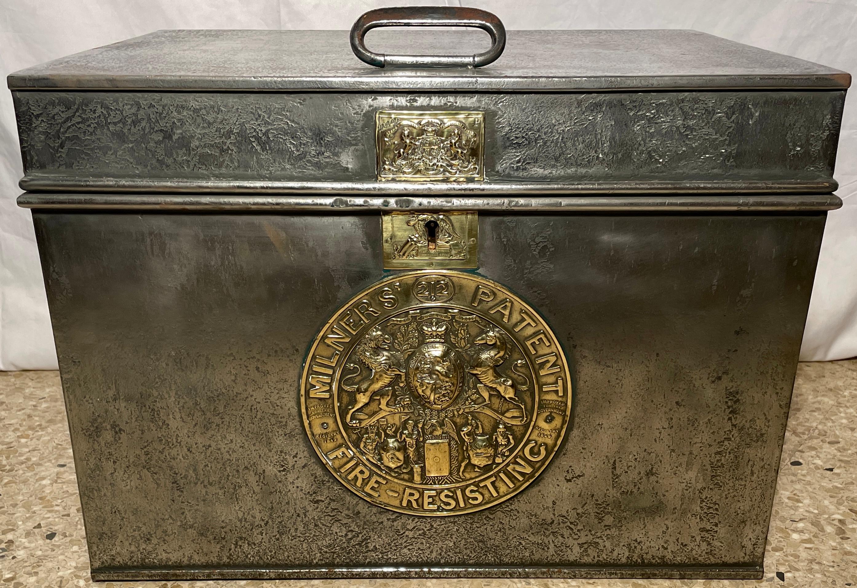 Antique English Early Victorian Heavy Steel & Brass Lock Box, Circa 1840. In Good Condition For Sale In New Orleans, LA