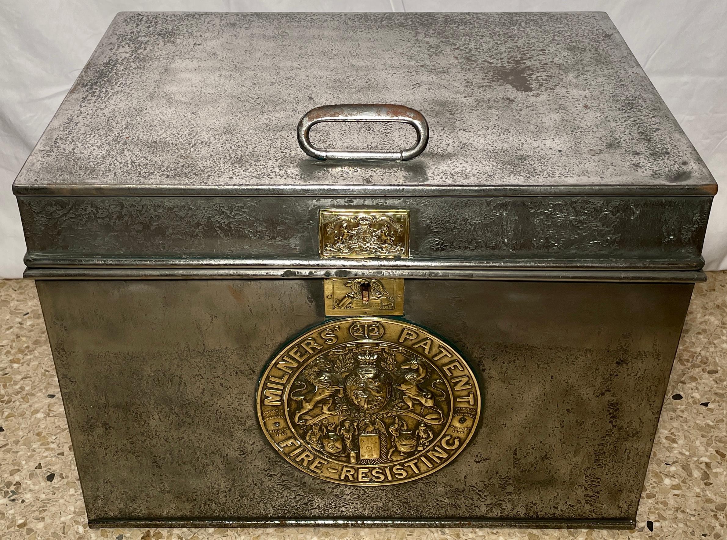 19th Century Antique English Early Victorian Heavy Steel & Brass Lock Box, Circa 1840. For Sale