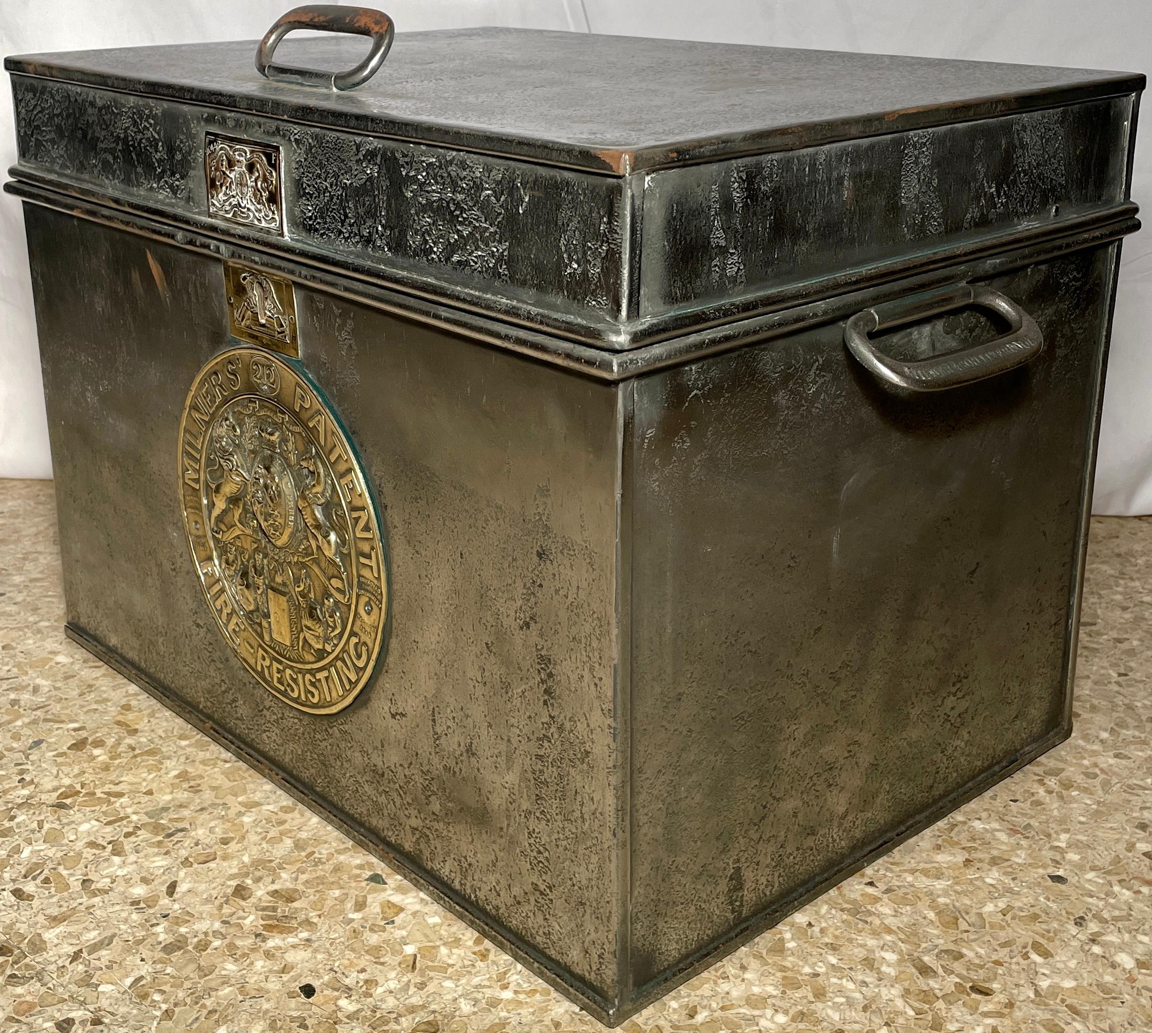 Antique English Early Victorian Heavy Steel & Brass Lock Box, Circa 1840. For Sale 1
