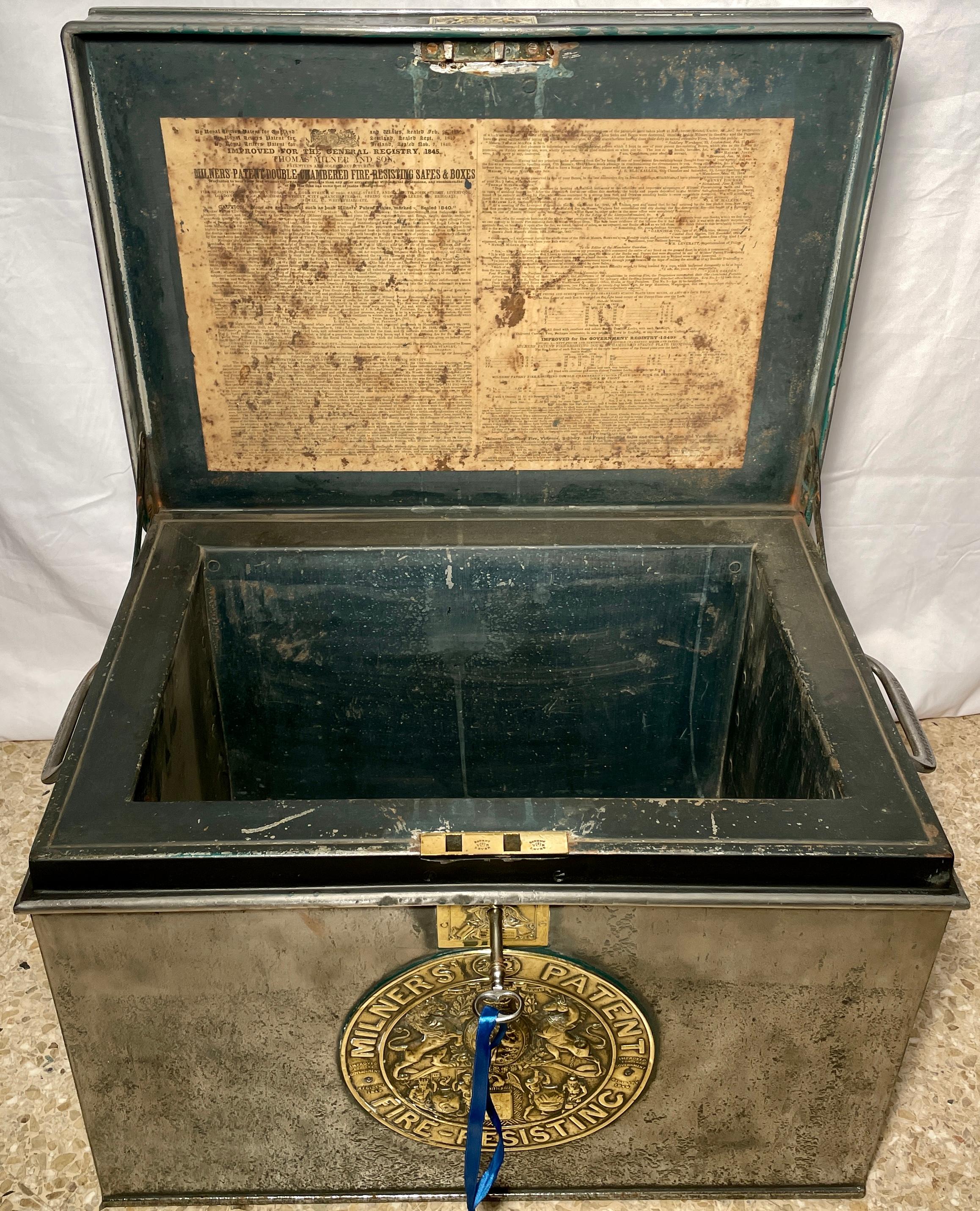 Antique English Early Victorian Heavy Steel & Brass Lock Box, Circa 1840. For Sale 4