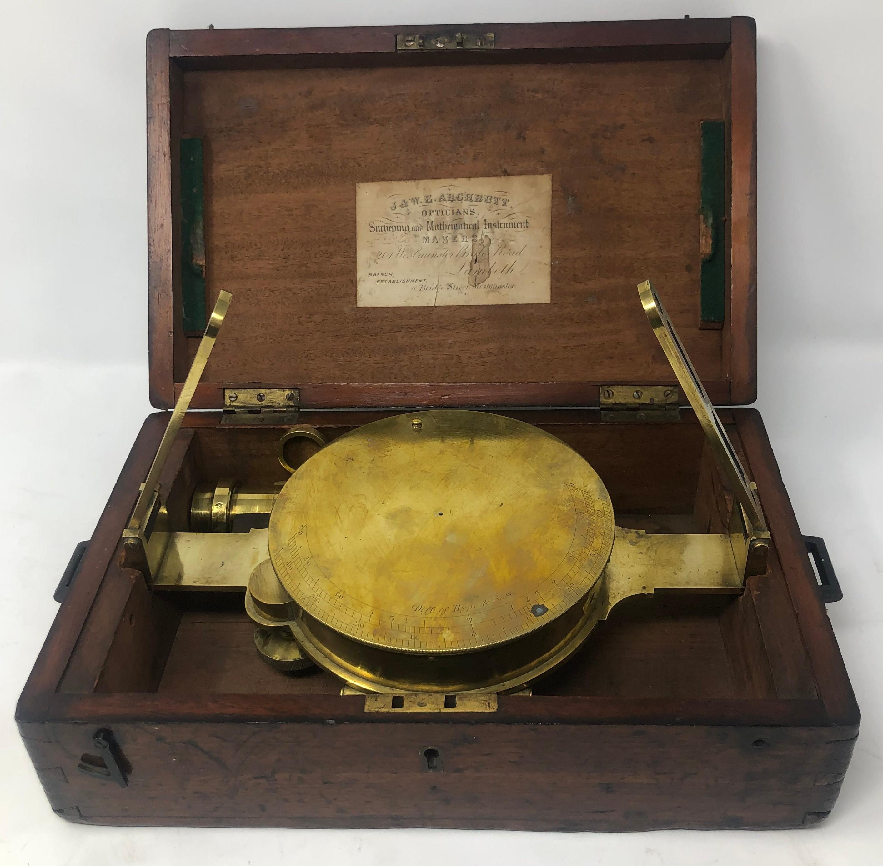 Antique English Lond-made brass surveying compass in original case, circa 1880.
Made By J. and W.E. Archbutt of London. Manufacturers of scientific measuring instruments, such as levels and theodolites etc, of 201 Westminster Bridge Road, Lambeth,