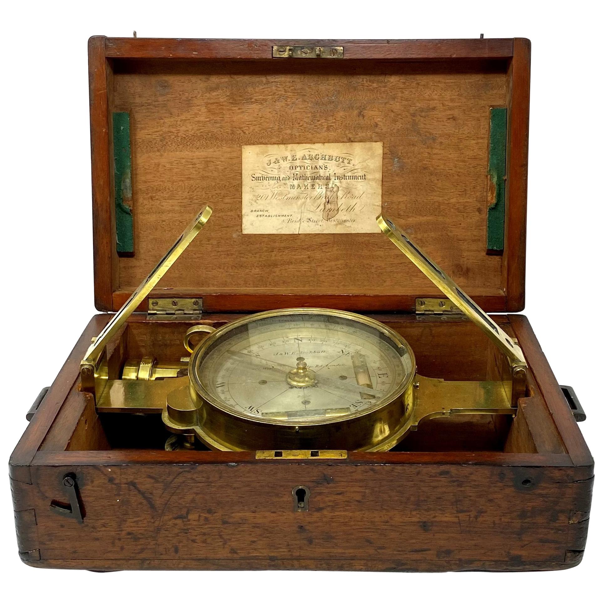 Antique English London-Made Brass Surveying Compass in Original Case, circa 1880