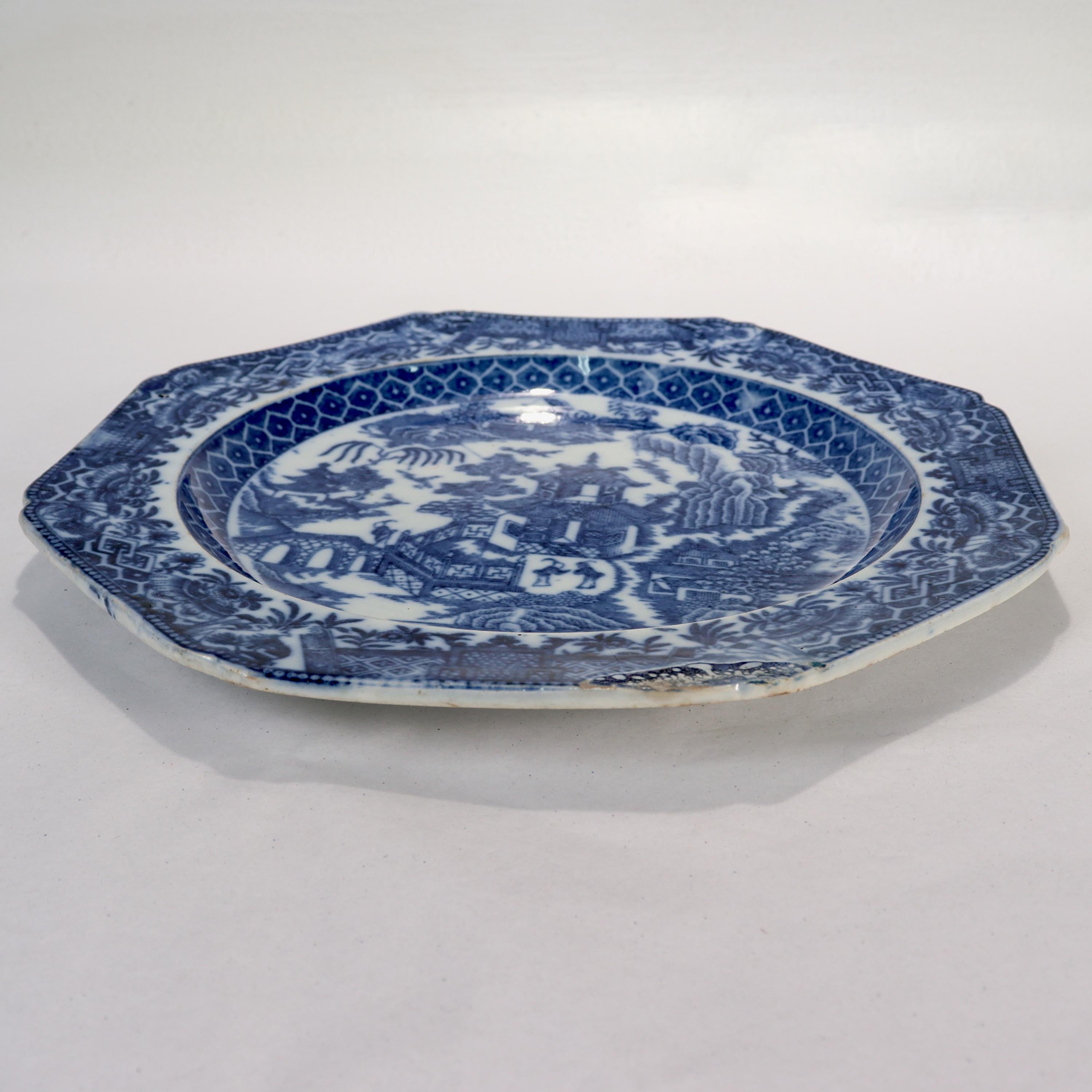 Antique English Longport Attributed Creamware Blue Willow Transfer Plate In Good Condition For Sale In Philadelphia, PA