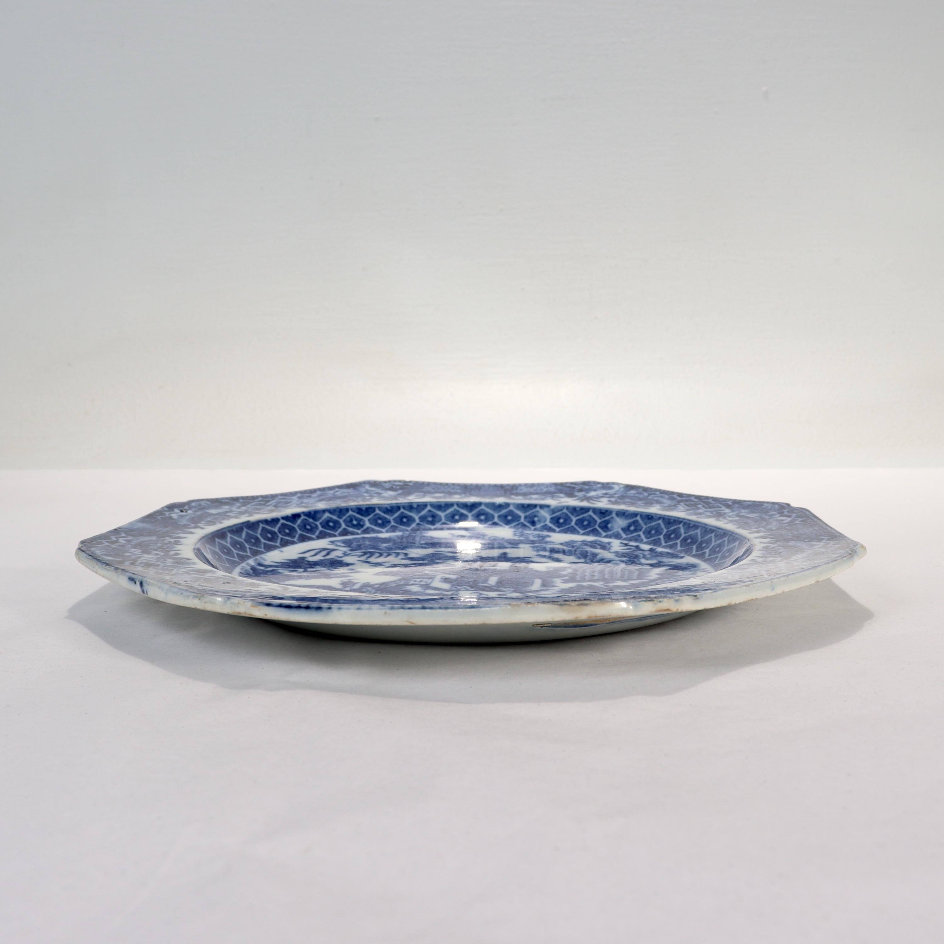19th Century Antique English Longport Attributed Creamware Blue Willow Transfer Plate For Sale