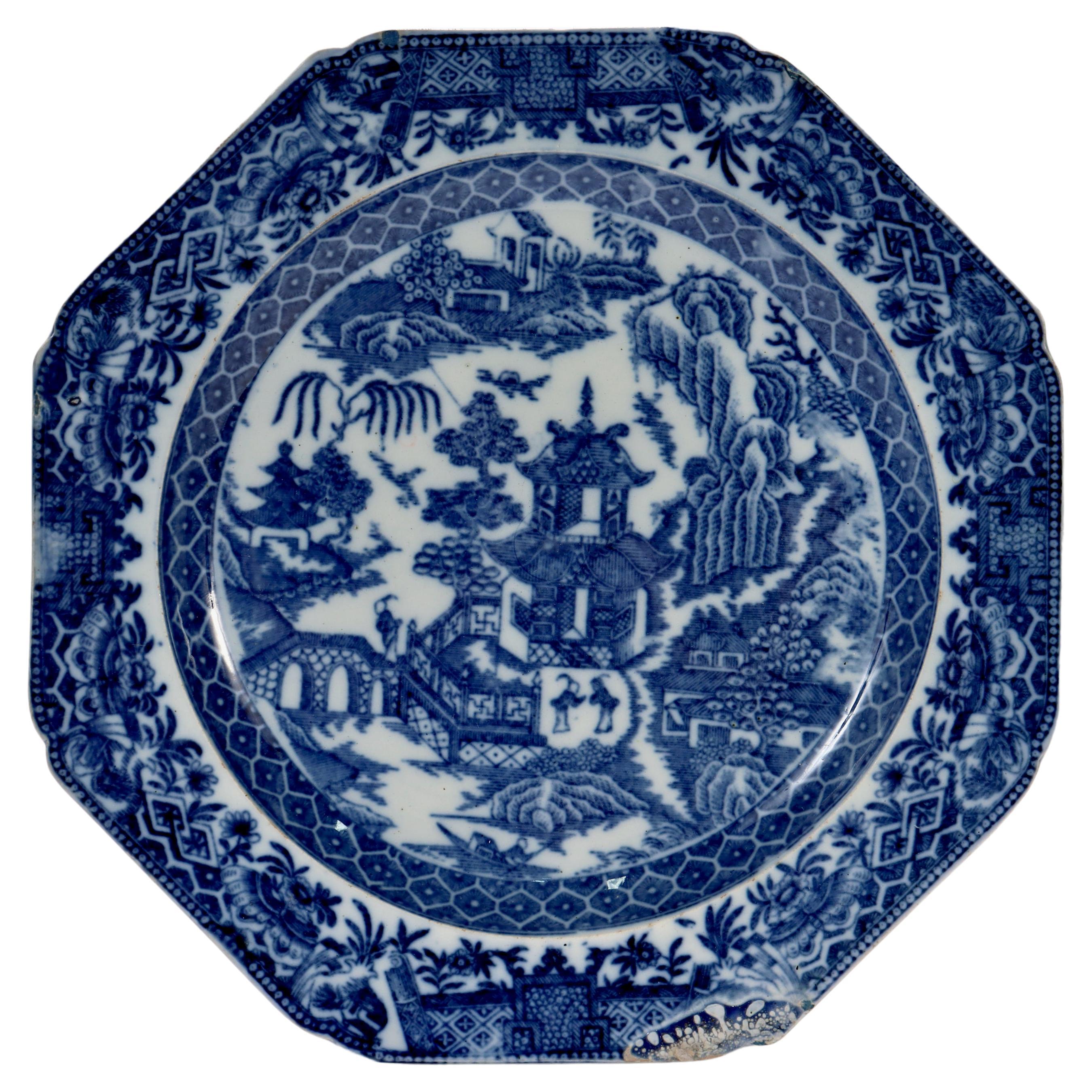 Antique English Longport Attributed Creamware Blue Willow Transfer Plate For Sale