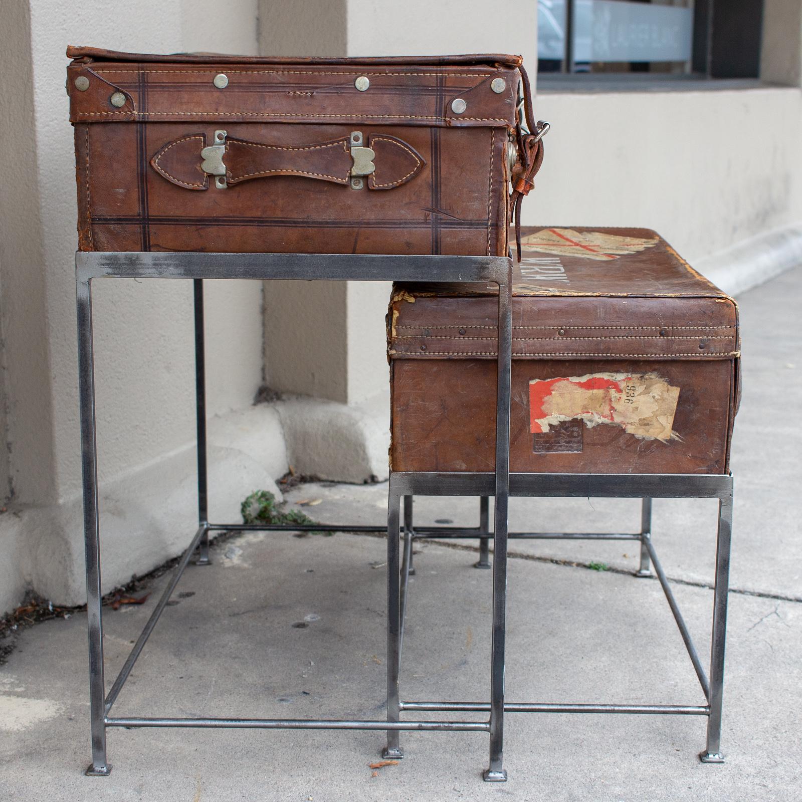 Antique English Luggage Nesting Table Pairing In Fair Condition For Sale In Houston, TX