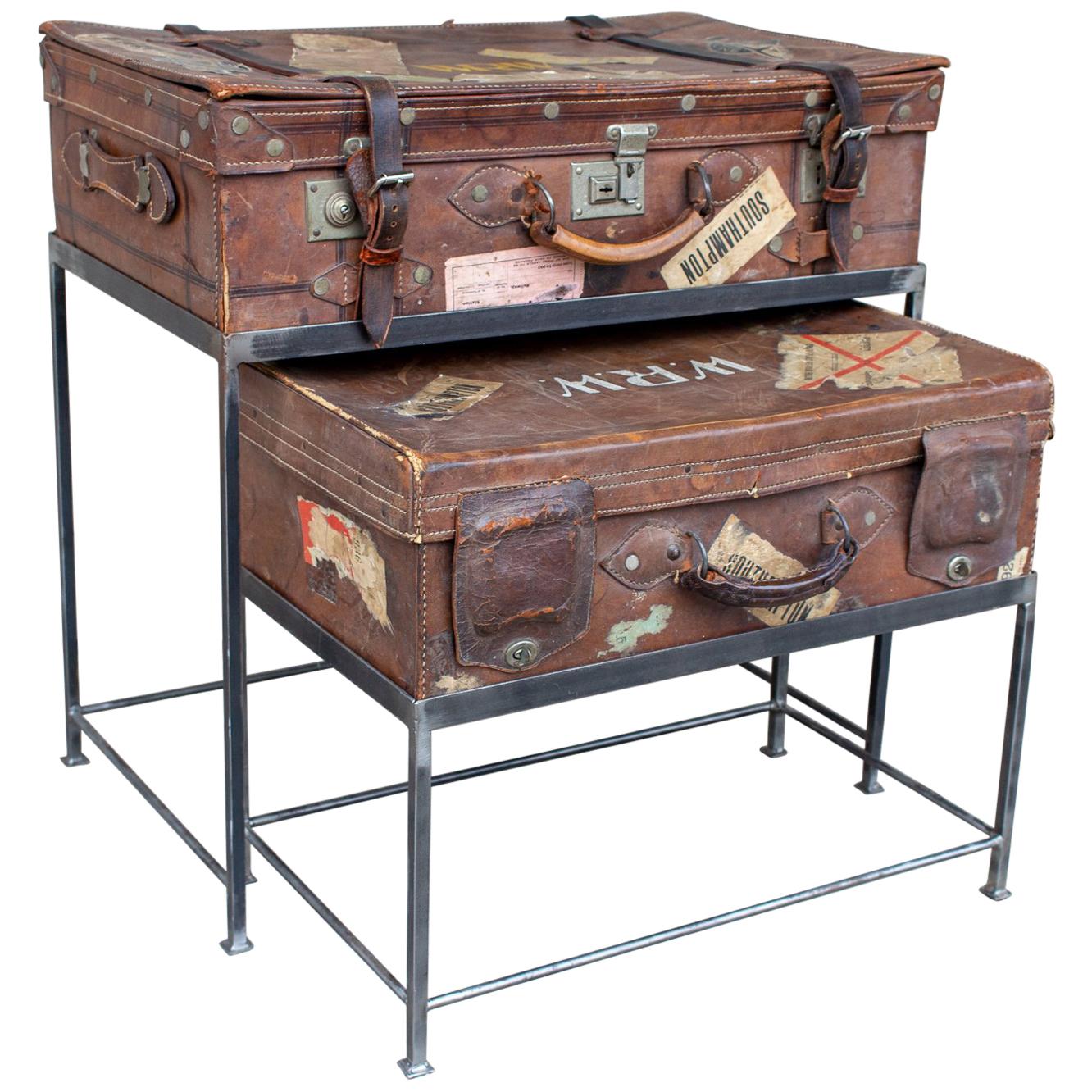 Antique English Luggage Nesting Table Pairing For Sale
