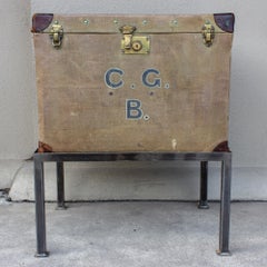 Antique English Luggage Trunk Side Table with Iron Base