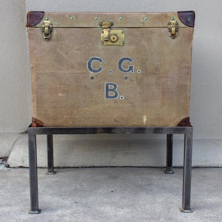 Antique English Luggage Trunk Side Table with Iron Base For Sale at 1stDibs