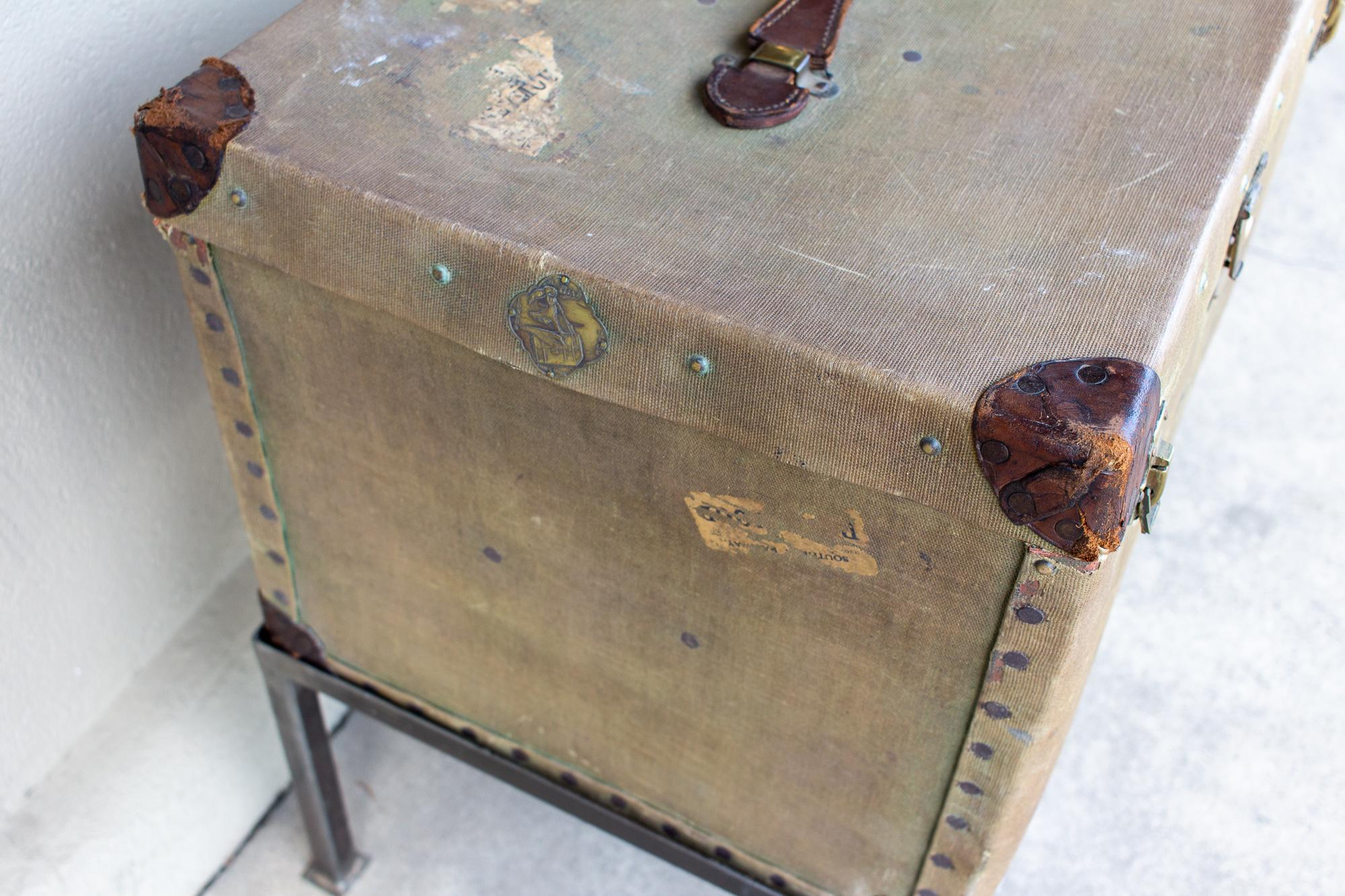 Leather Antique English Luggage Trunk Side Table with Iron Base For Sale