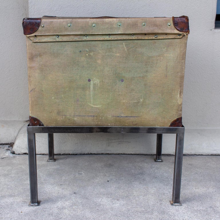 Antique English Luggage Trunk Side Table with Iron Base For Sale at 1stDibs