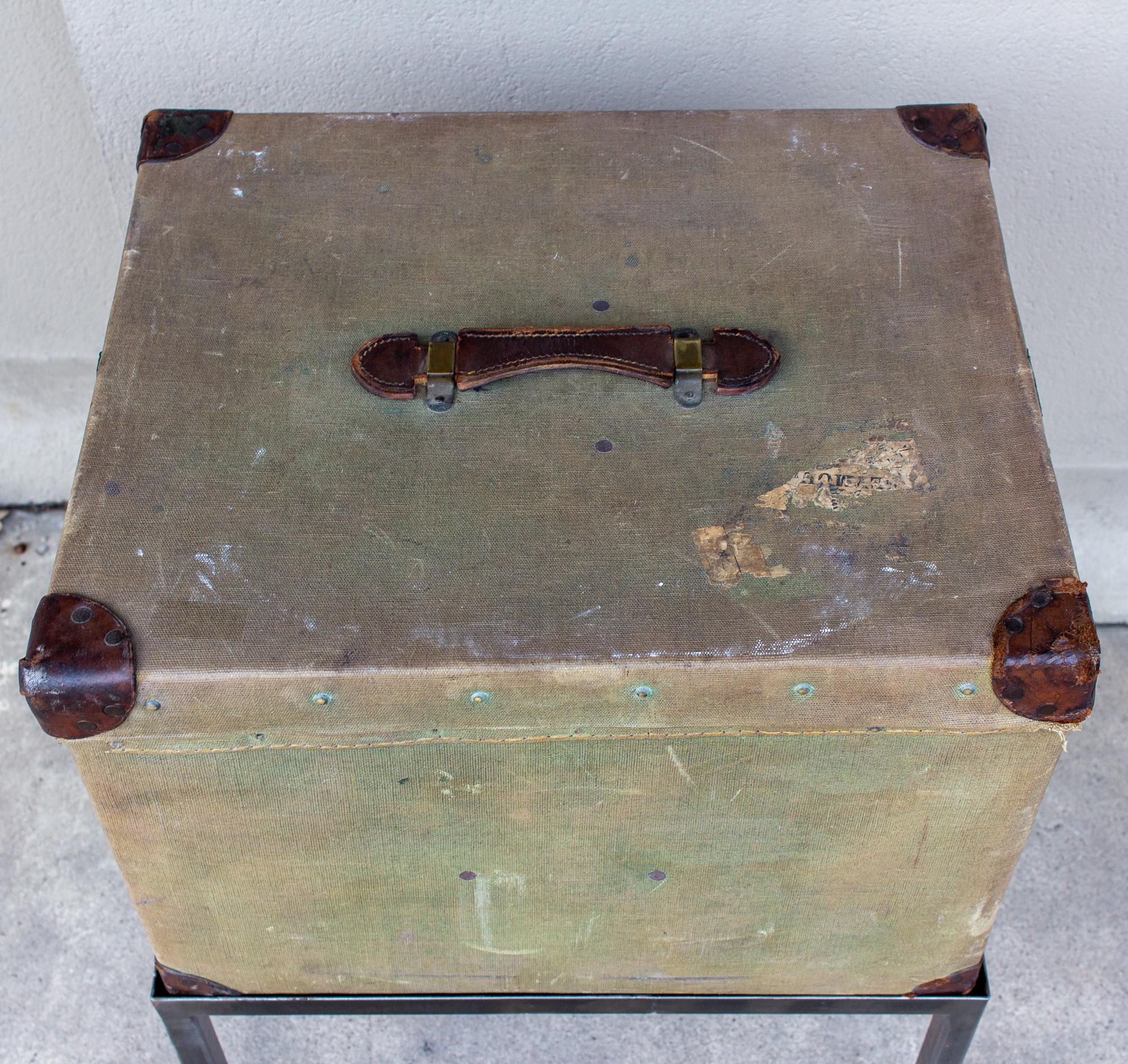 Antique English Luggage Trunk Side Table with Iron Base For Sale 3