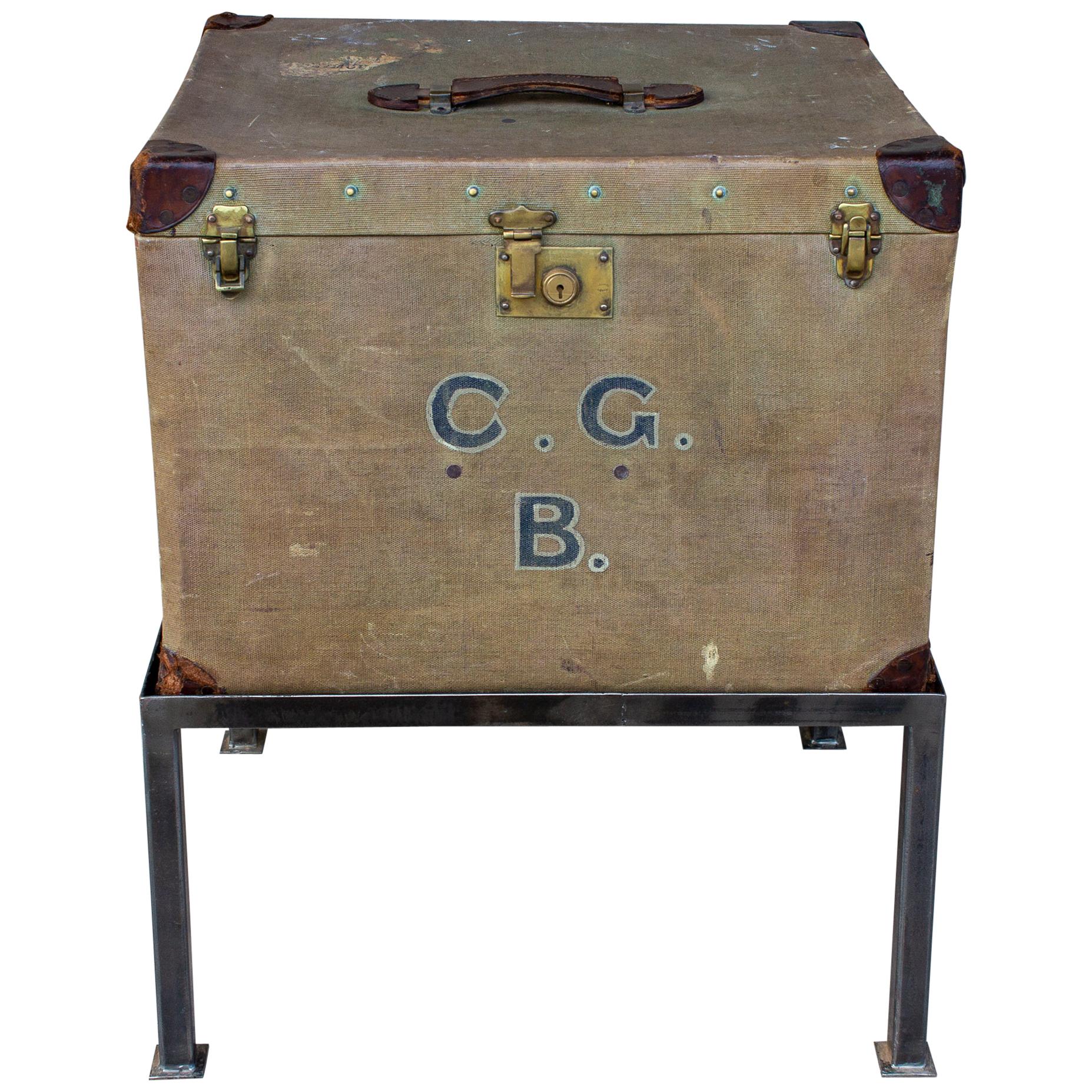 Antique English Luggage Trunk Side Table with Iron Base For Sale