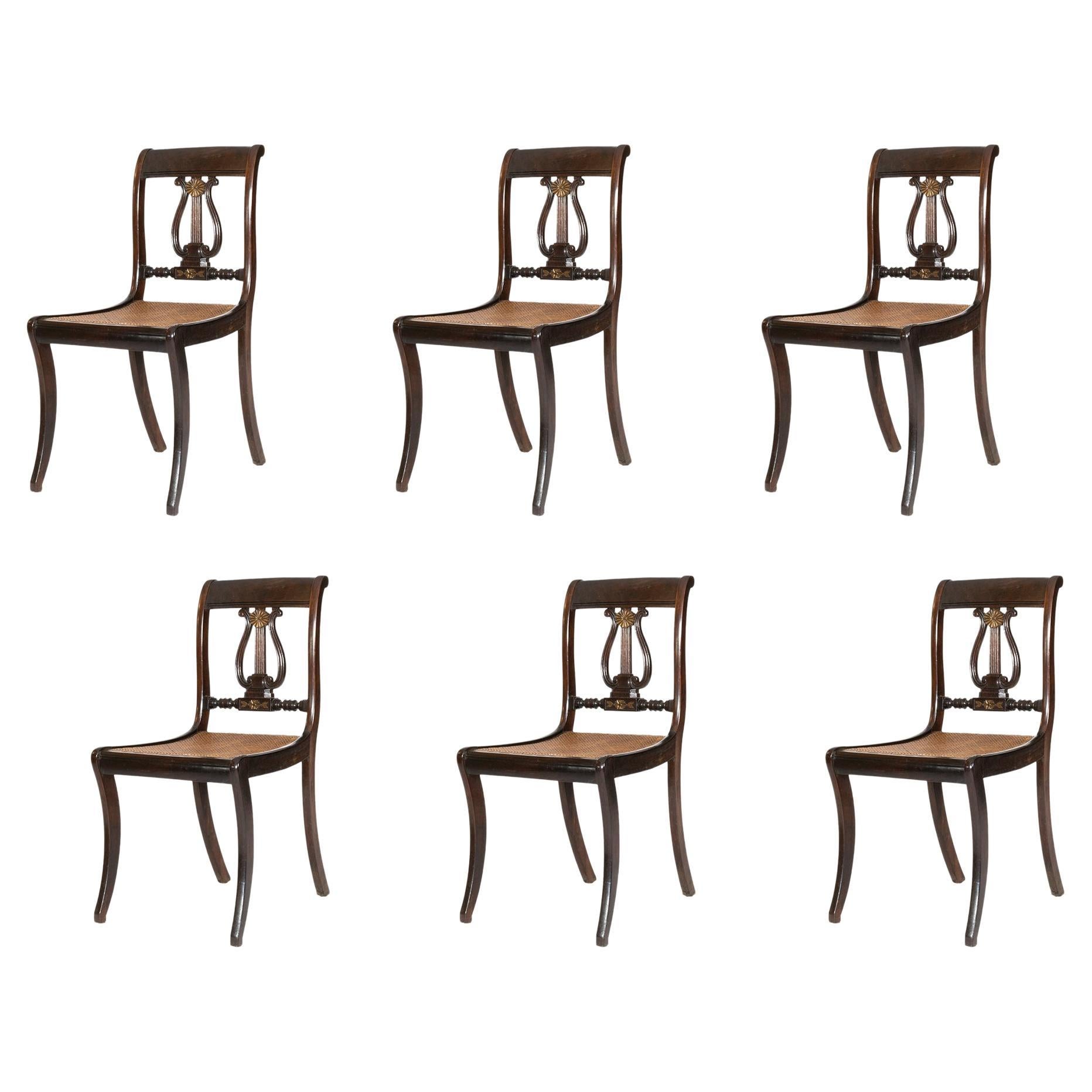 Ensemble de chaises d'appoint anglaises anciennes à dossier en forme de lyre, 19e siècle en vente