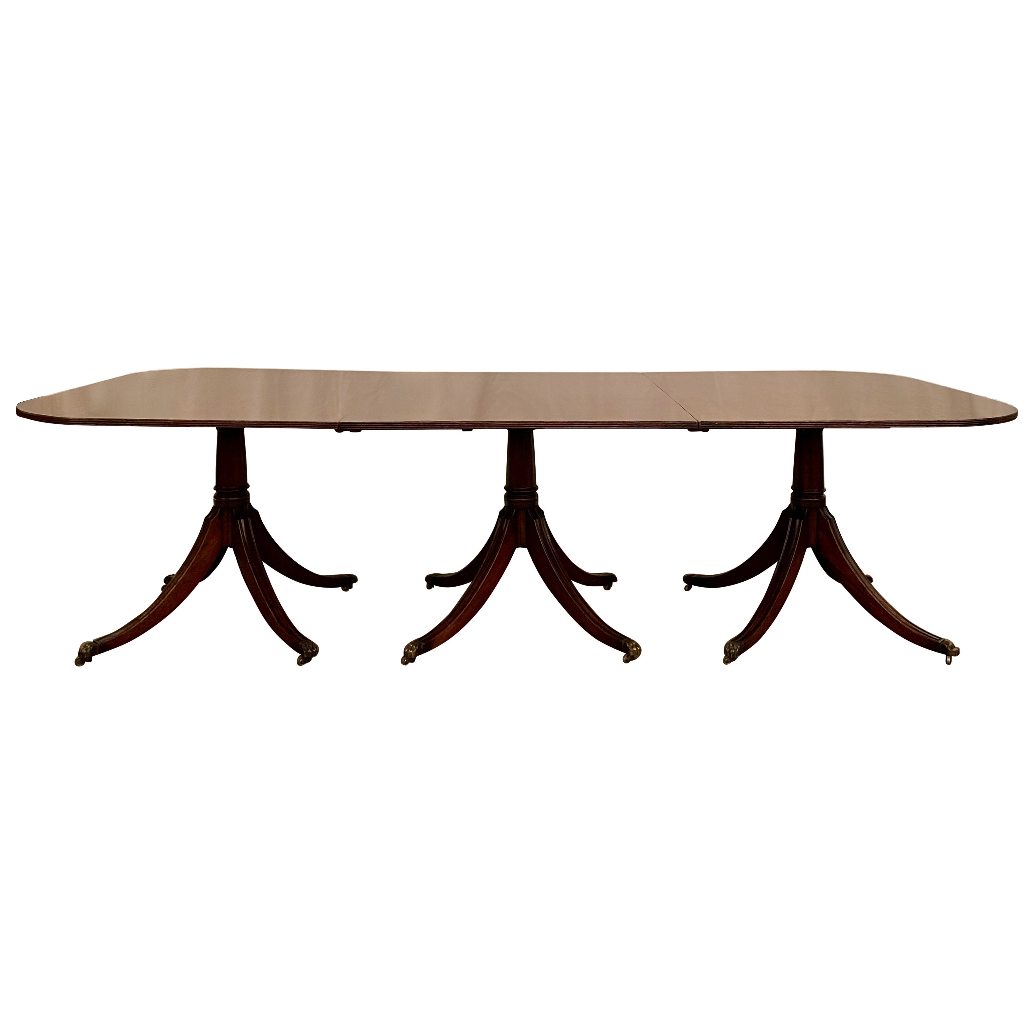 Antique English Mahogany 3-Pedestal Dining Table, 100 Years Old.