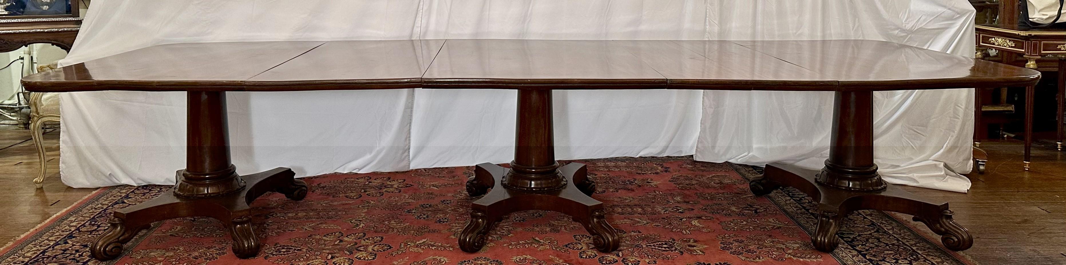 Antique English Mahogany 3 Pedestal Table, Circa 1890's.  Beautiful Aged Timbers.
11 feet 7 inches when fully extended with 2 leaves (as shown in the photographs)

