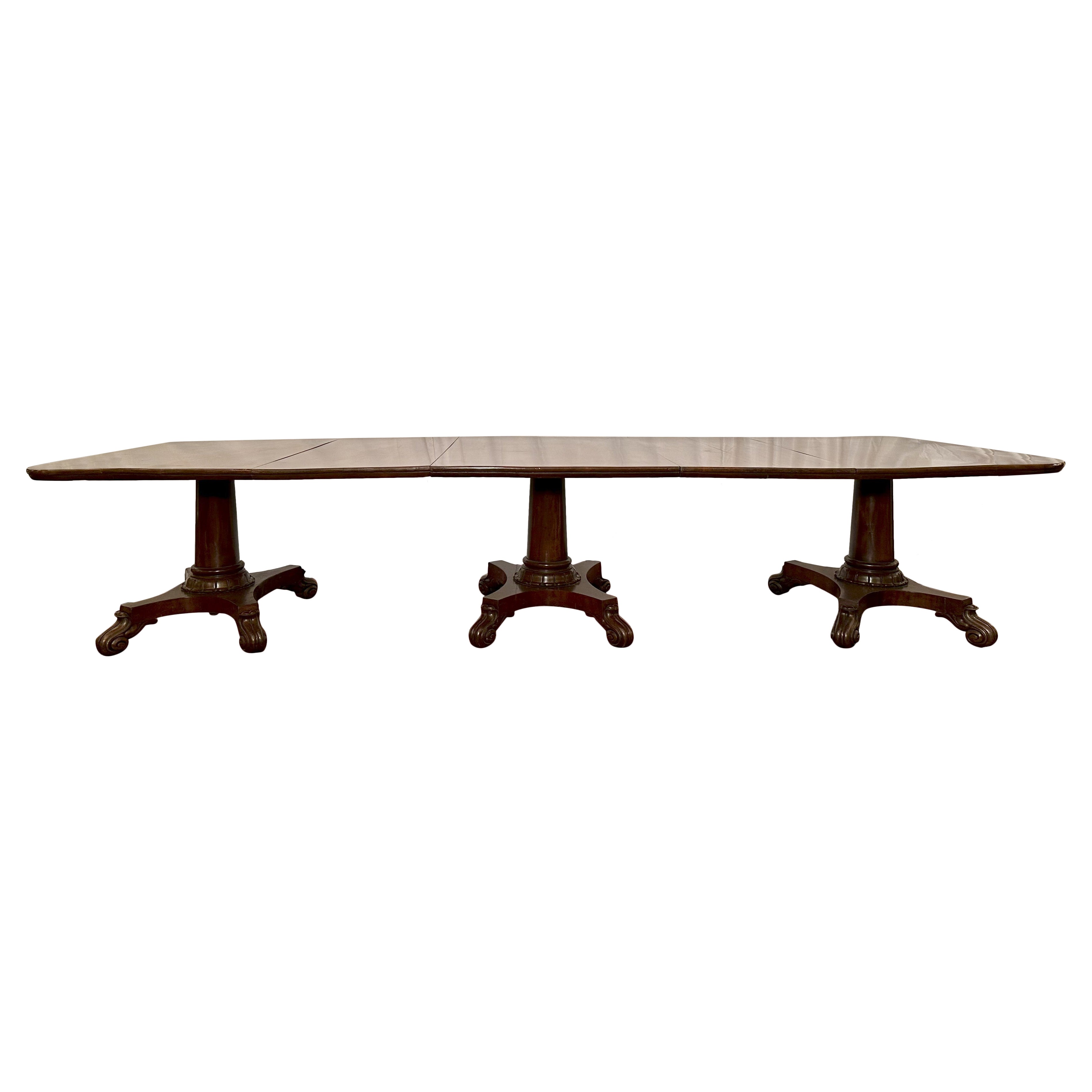 Antique English Mahogany 3 Pedestal Table, Circa 1890's. For Sale