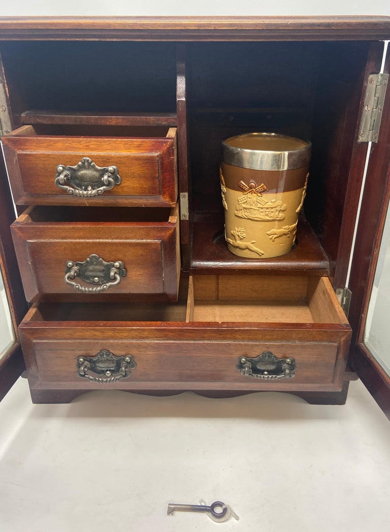 Antique English Mahogany and Beveled Glass Gentleman's Smoking Box, Circa 1900 In Good Condition For Sale In New Orleans, LA