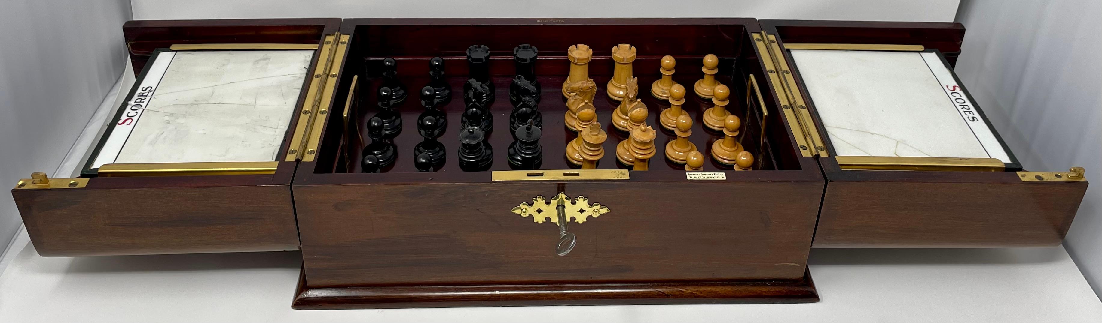 19th Century Antique English Mahogany and Brass Signed Games Box Compendium, Circa 1880. For Sale