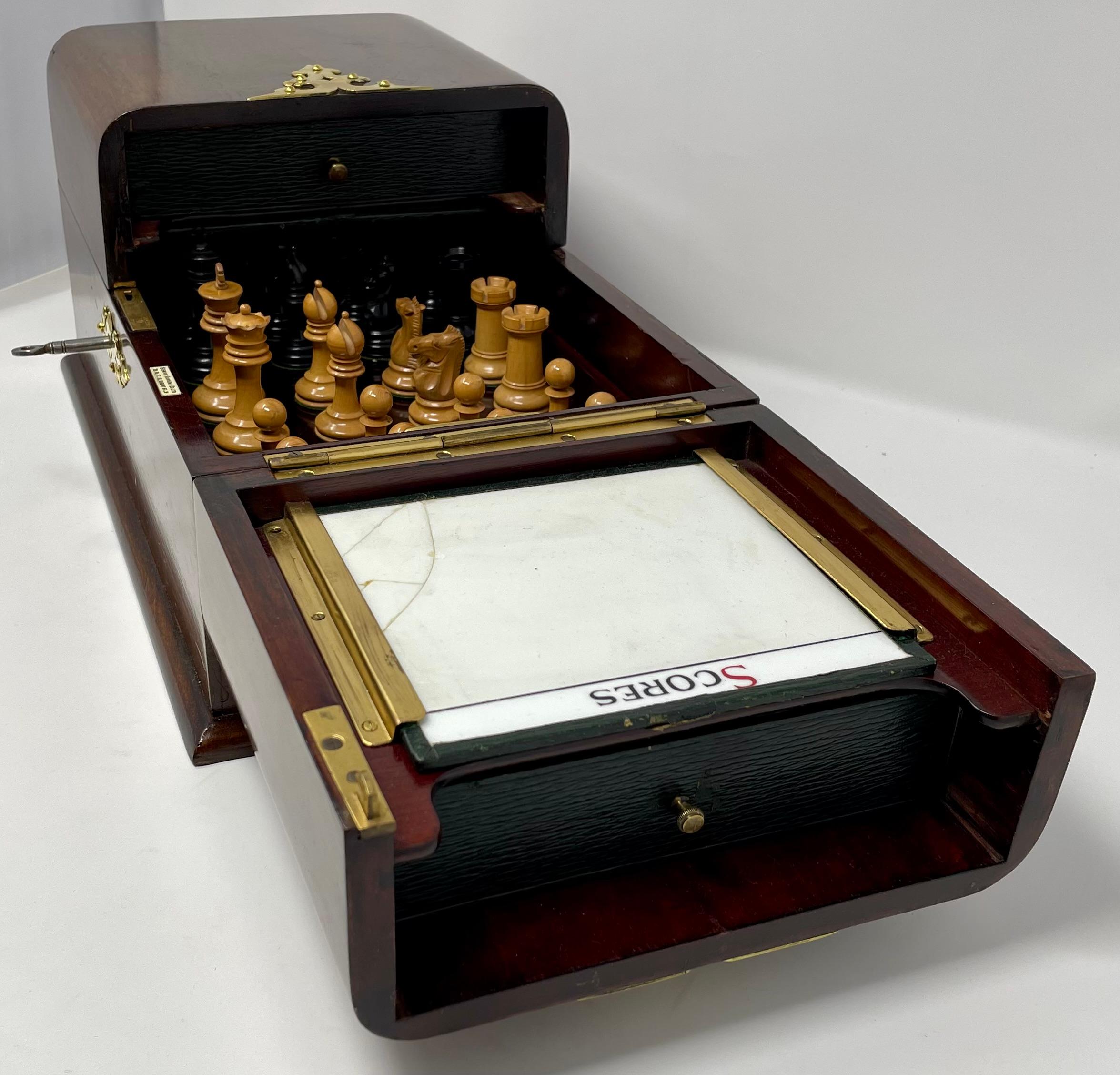 Antique English Mahogany and Brass Signed Games Box Compendium, Circa 1880. For Sale 3