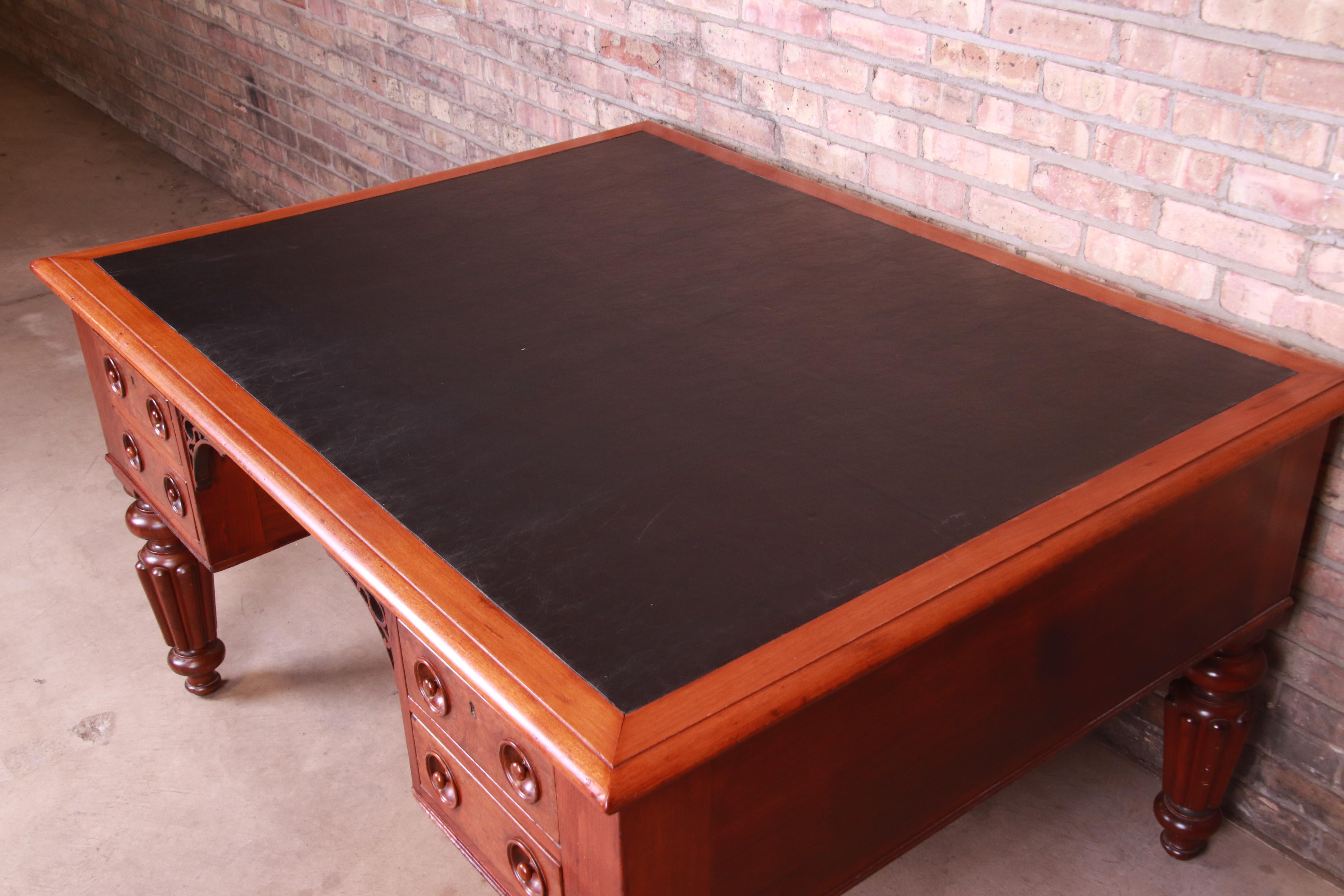 Antique English Mahogany and Burl Executive Leather Top Partner Desk, circa 1850 7