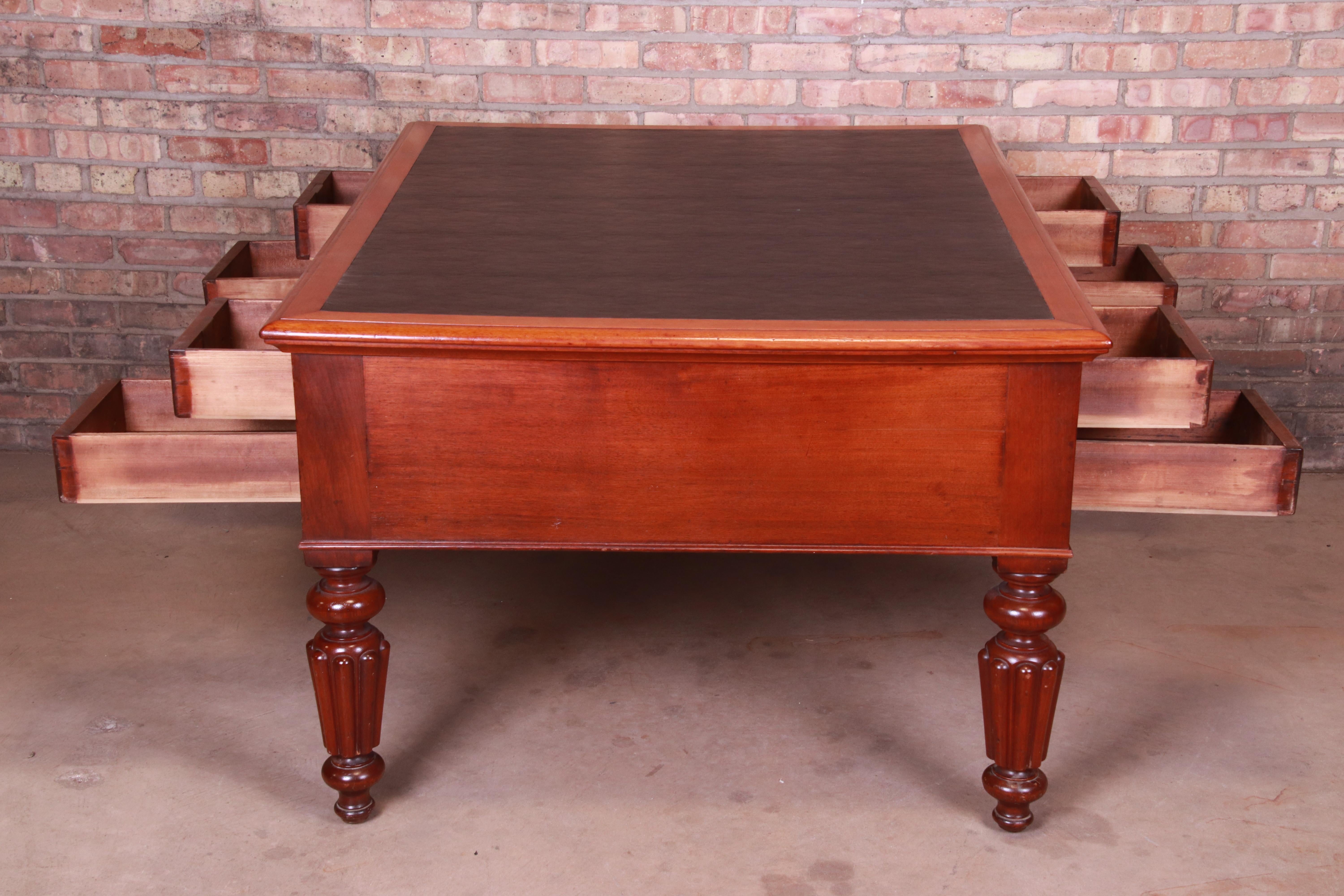 Antique English Mahogany and Burl Executive Leather Top Partner Desk, circa 1850 10