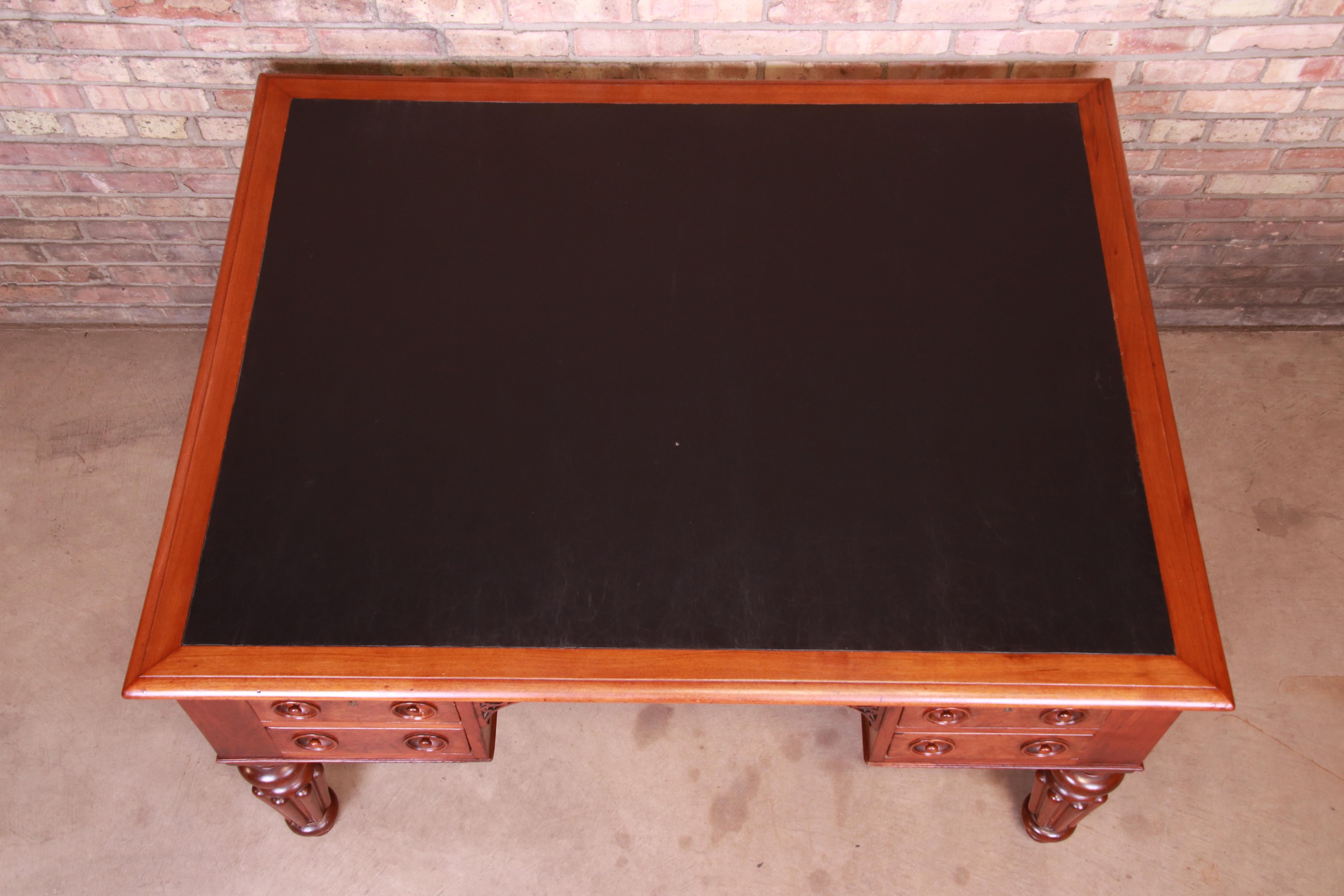 Antique English Mahogany and Burl Executive Leather Top Partner Desk, circa 1850 12