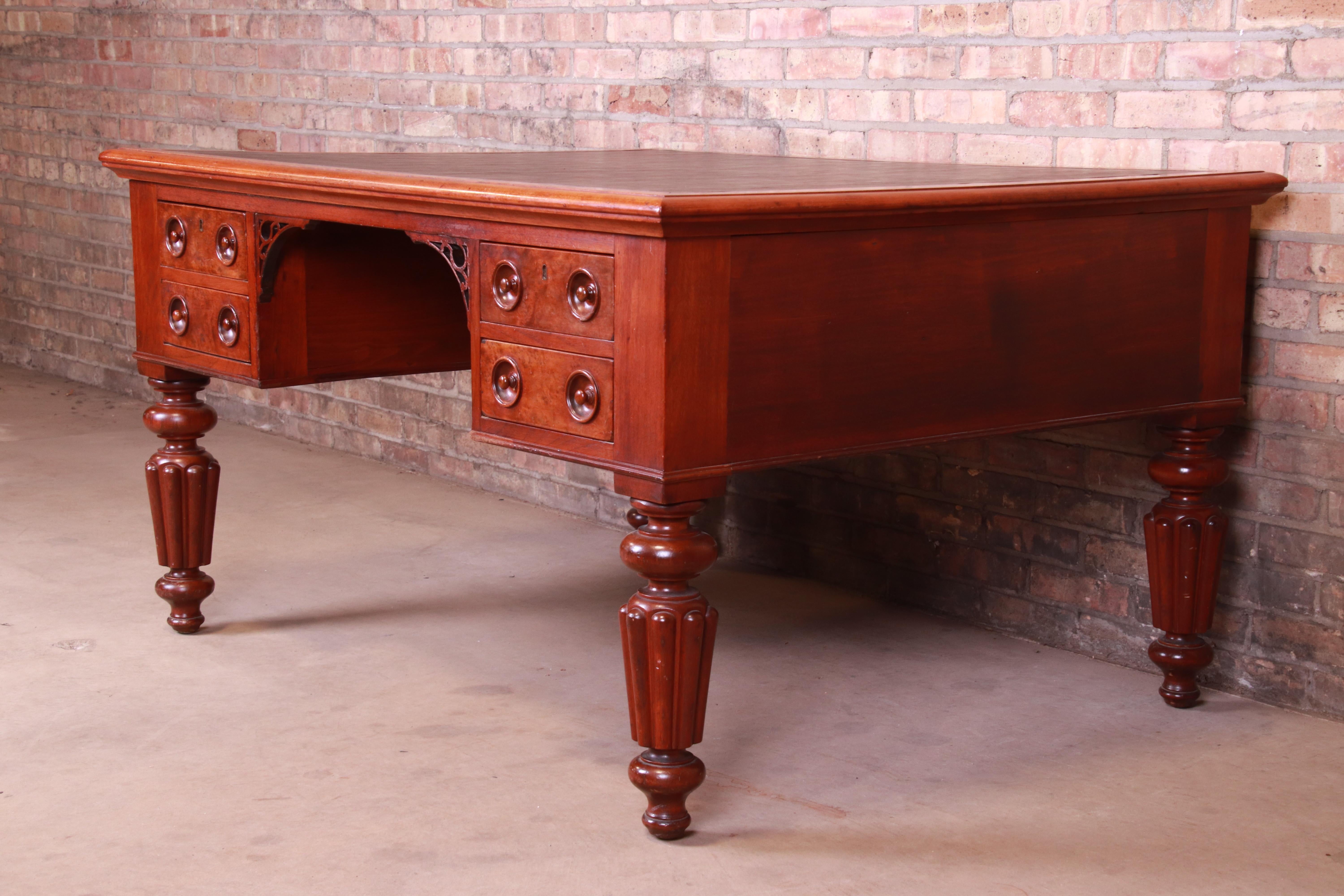 Antique English Mahogany and Burl Executive Leather Top Partner Desk, circa 1850 In Good Condition In South Bend, IN