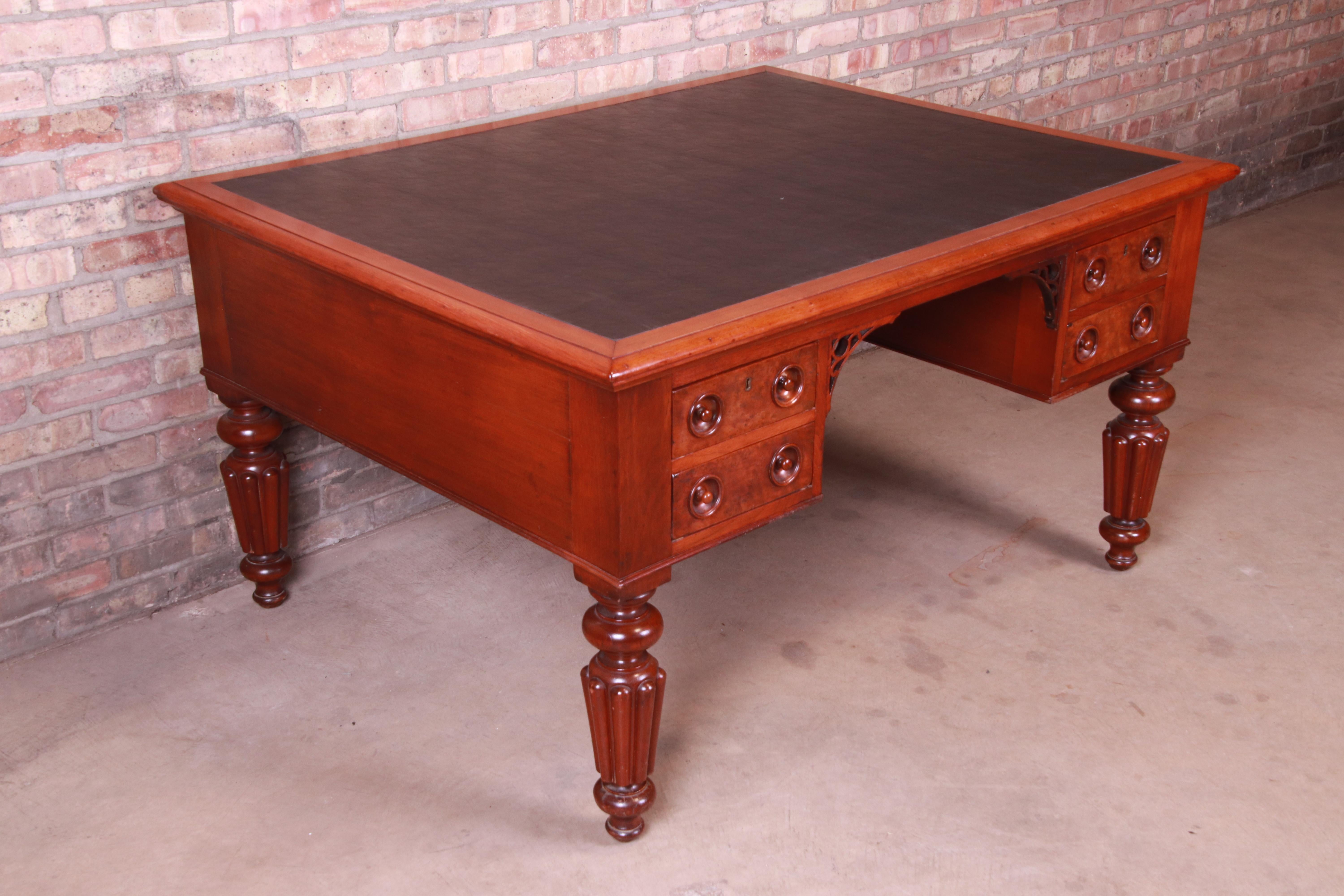Antique English Mahogany and Burl Executive Leather Top Partner Desk, circa 1850 1