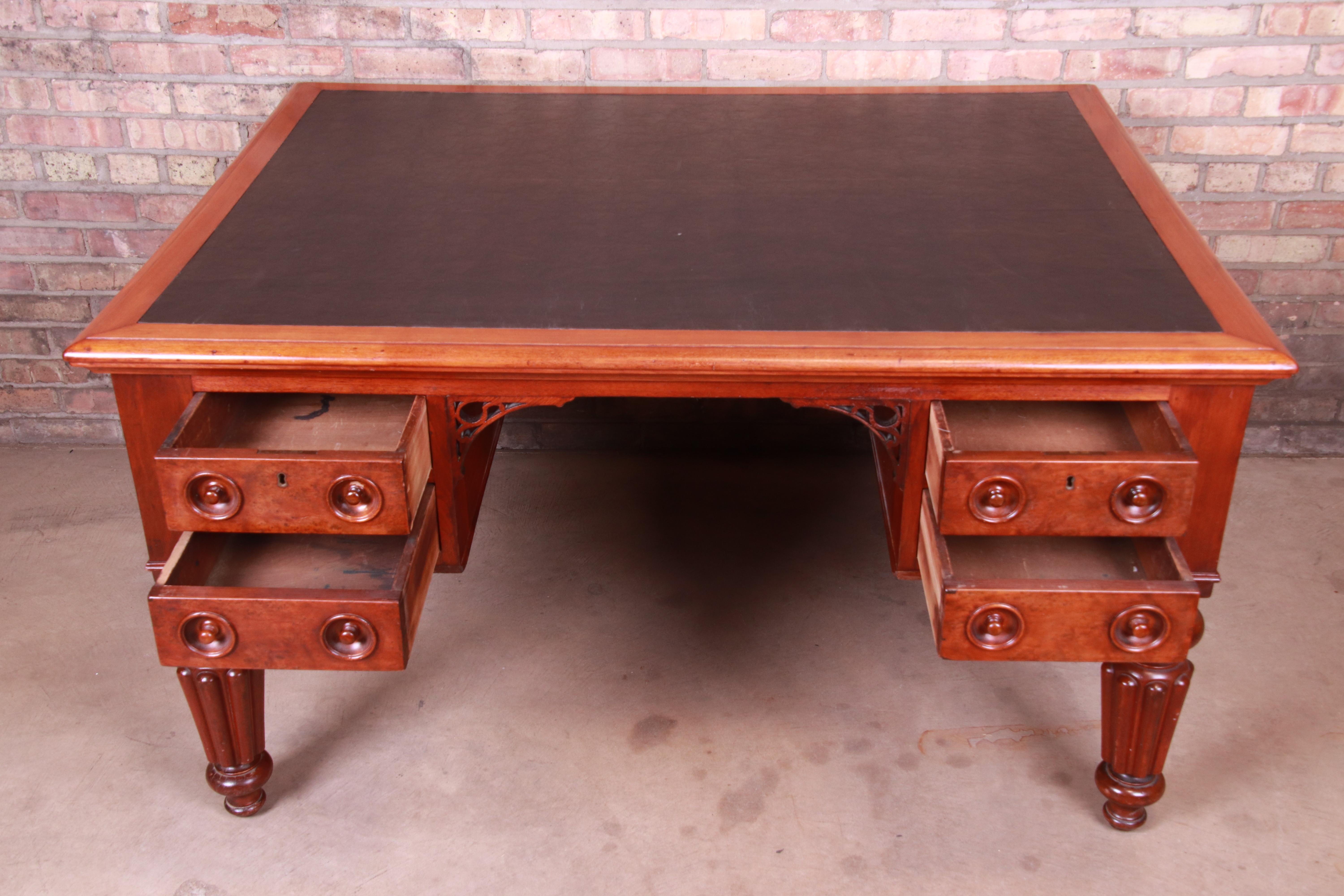Antique English Mahogany and Burl Executive Leather Top Partner Desk, circa 1850 2