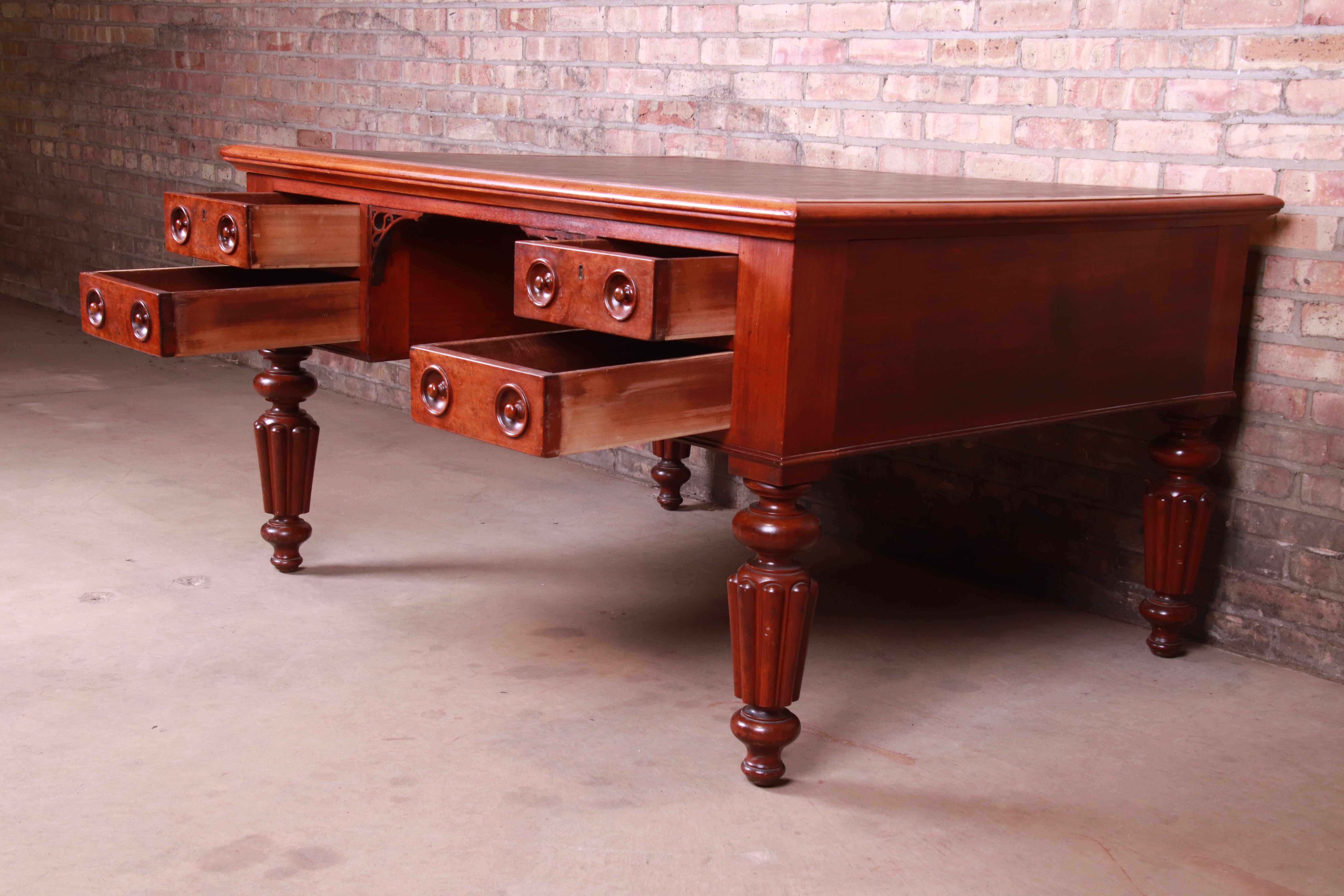 Antique English Mahogany and Burl Executive Leather Top Partner Desk, circa 1850 3
