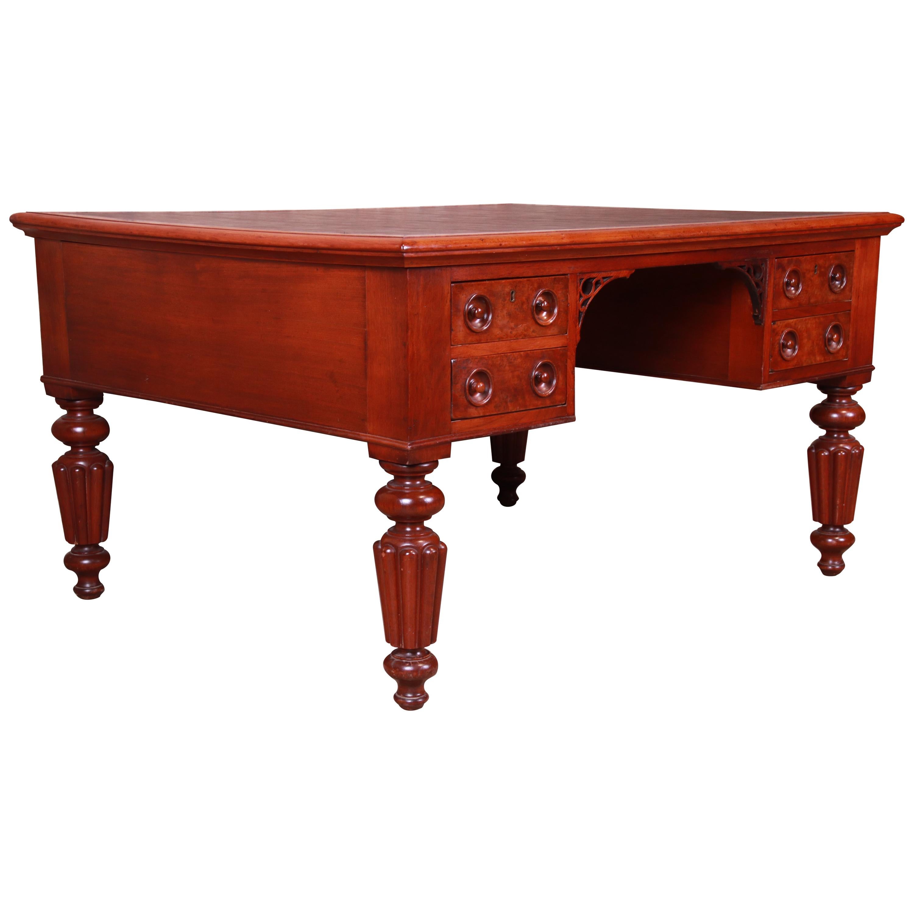 Antique English Mahogany and Burl Executive Leather Top Partner Desk, circa 1850