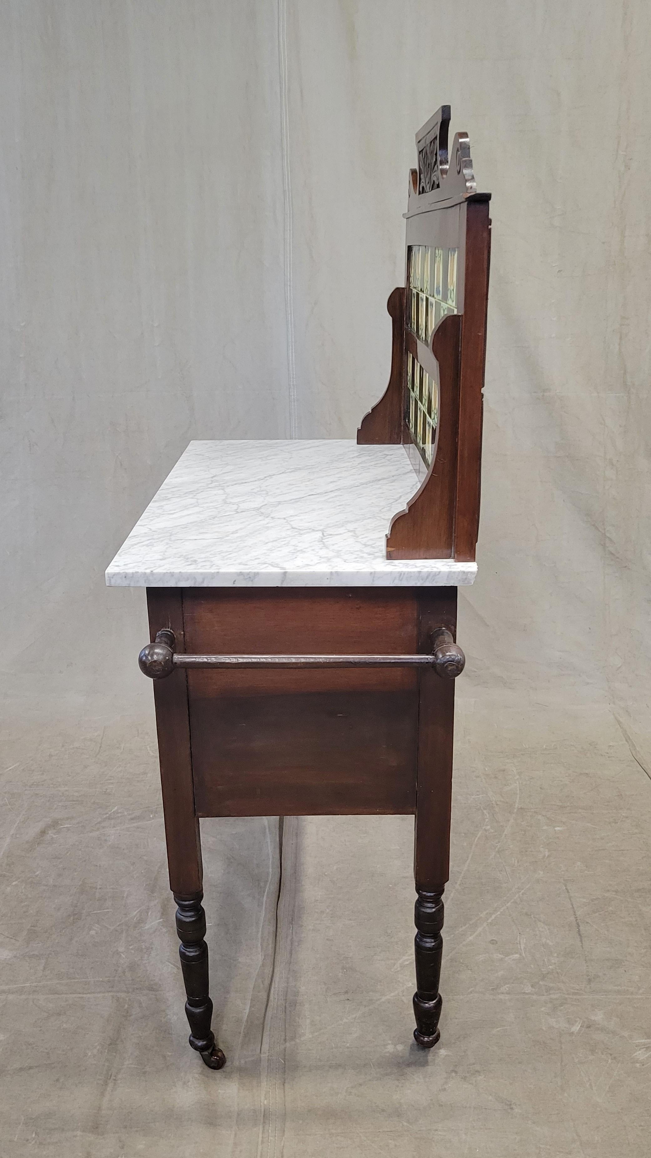Antique English Mahogany and Carrera Marble Washstand With Green Tulip Tile Back 4