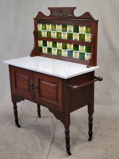 Antique English Mahogany and Carrera Marble Washstand With Green Tulip Tile Back