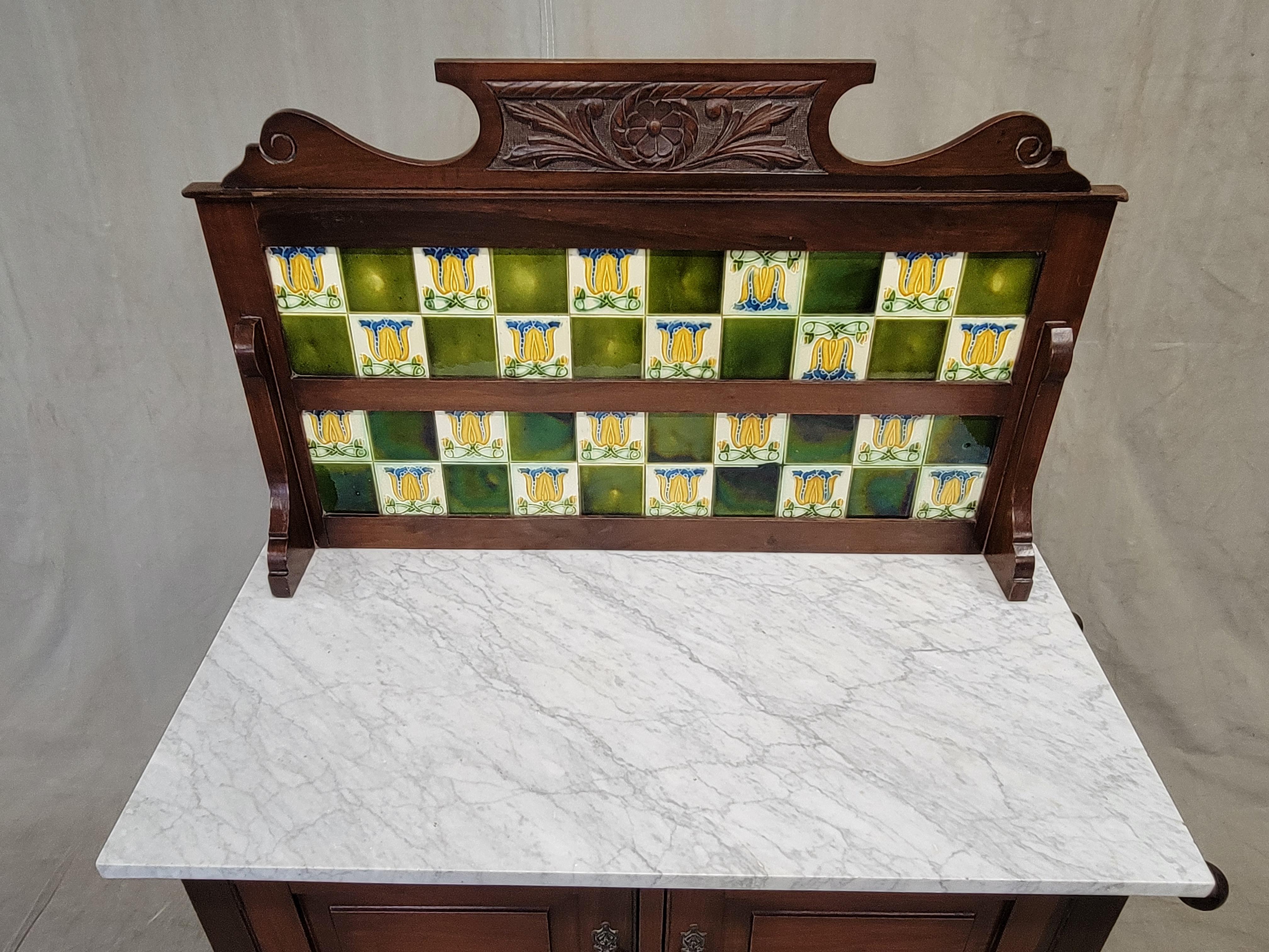 Art Nouveau Antique English Mahogany and Carrera Marble Washstand With Green Tulip Tile Back