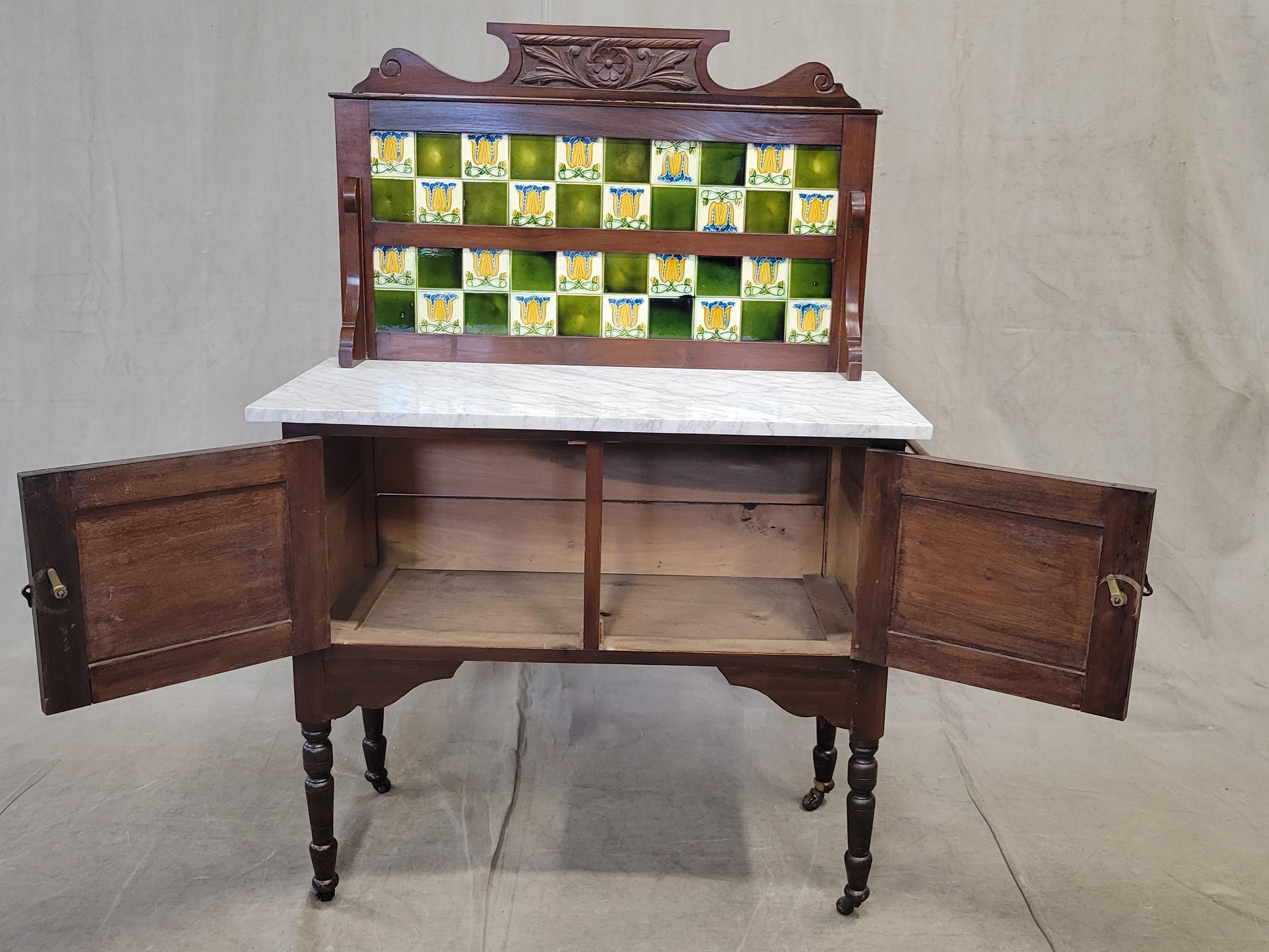 Bronze Antique English Mahogany and Carrera Marble Washstand With Green Tulip Tile Back