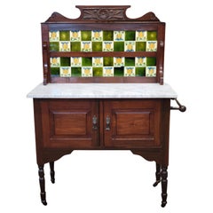 Antique English Mahogany and Carrera Marble Washstand With Green Tulip Tile Back