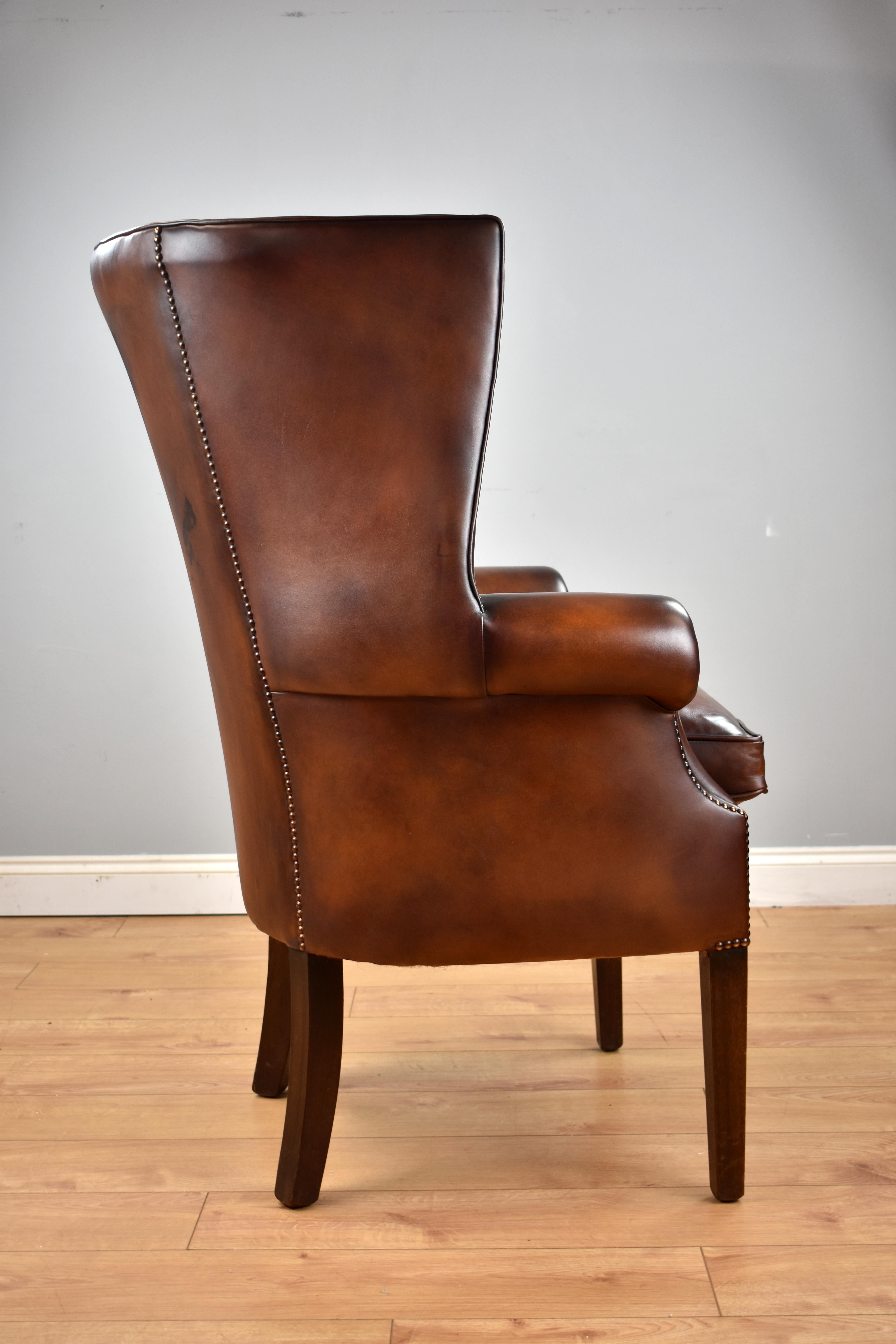 Antique English Mahogany and Hand Dyed Leather Barrel Back Wing Chair 5