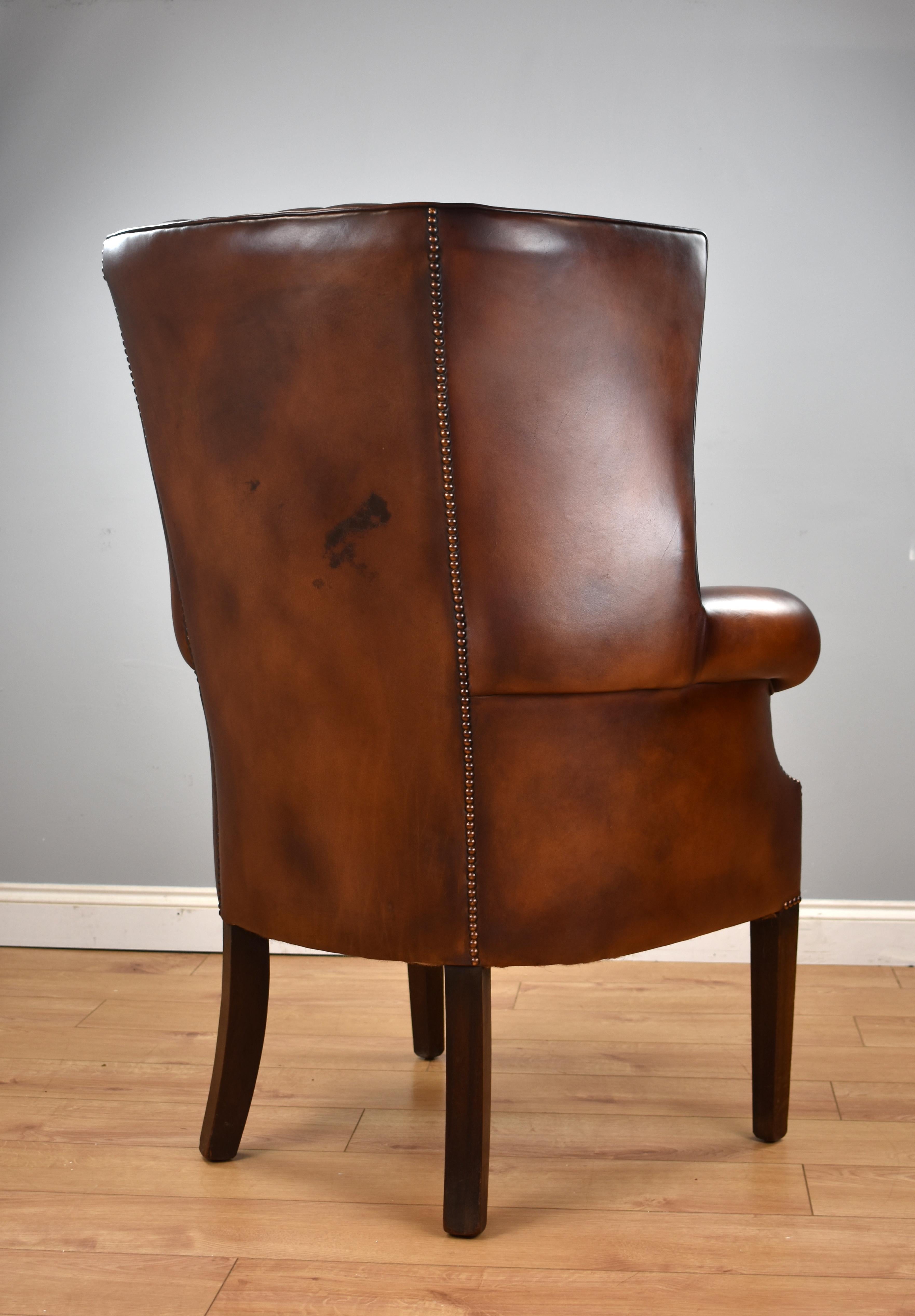 Antique English Mahogany and Hand Dyed Leather Barrel Back Wing Chair 6