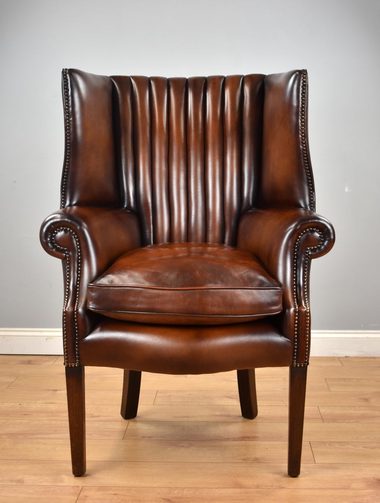 Antique English Mahogany and Hand Dyed Leather Barrel Back Wing Chair at 1stDibs